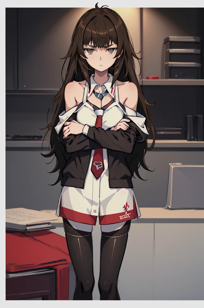 (masterpiece, highest quality:1.2), alone, 1 girl, makise kurisu, Expressionless, looking at the viewer, crossed arms, Jacket, off shoulder, collared shirt, red tie, black shorts, pantyhose, legwear under shorts 