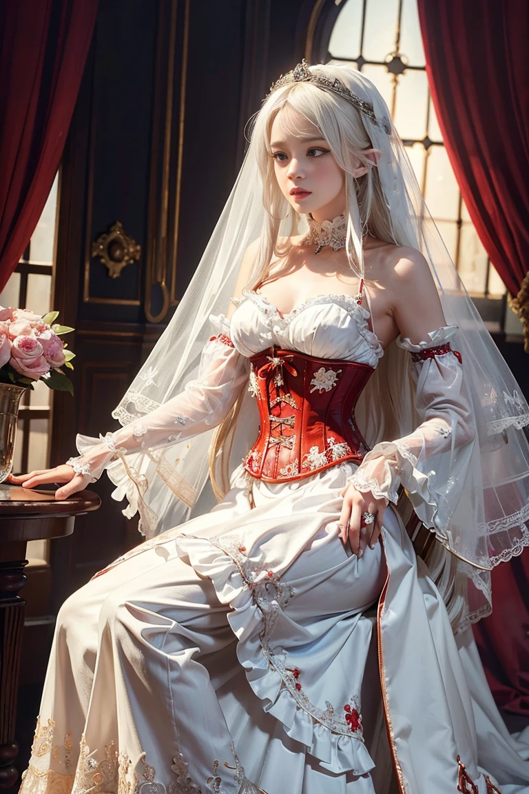 ((extremely detailed CG unity 8k wallpaper)), masterpiece, ultra-detailed, floating, high resolution, sexually suggestive, (petite, absurdly long white hair, princess, white mage, blue eyes, (ornate long white and red see through layered long dress with long detached wide sleeves and intricate embroidery), bridal veil, circlet, bridal gauntlets, blushing, shy, arched back, ruffled petticoat, ornate corset,