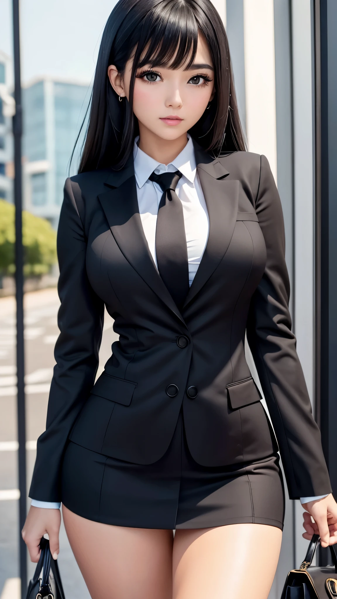 ((best quality)), ((muste piece)), (detailed breasts), (highlight), perfect face Young girl highlighting large breasts with detailed face、Long, thick, shiny, beautiful black hair with blunt bangs、solid color background、Standing wearing school uniform with blazer and miniskirt、