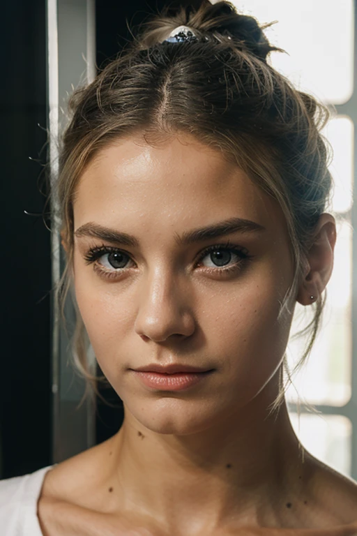 realistic,cyborg,one people,skinny,18 age,serious face,white hair,hair bun hair style,italian,film photo,bathroom,close-up view,facesitting,golf,transparent,diamond jewelry,bright lighting