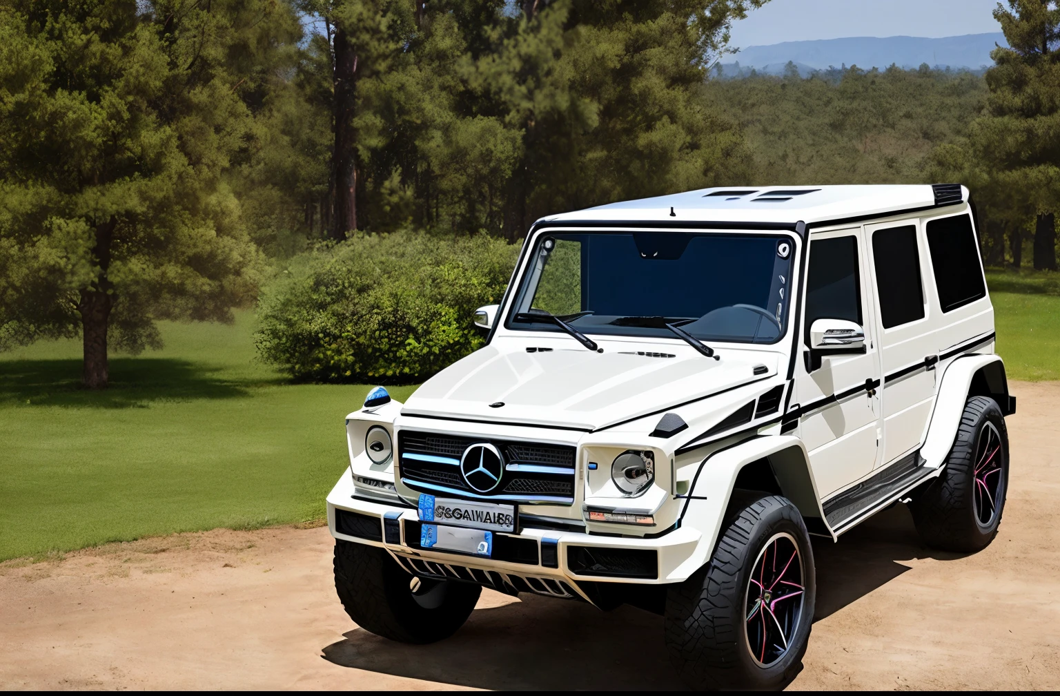 Big G,slick design,best quality,Super detailed,停在停车场的Big G,Sufficient lighting,Bright colors,Vehicle details are clear,Heavily modified,45 degree top-down view