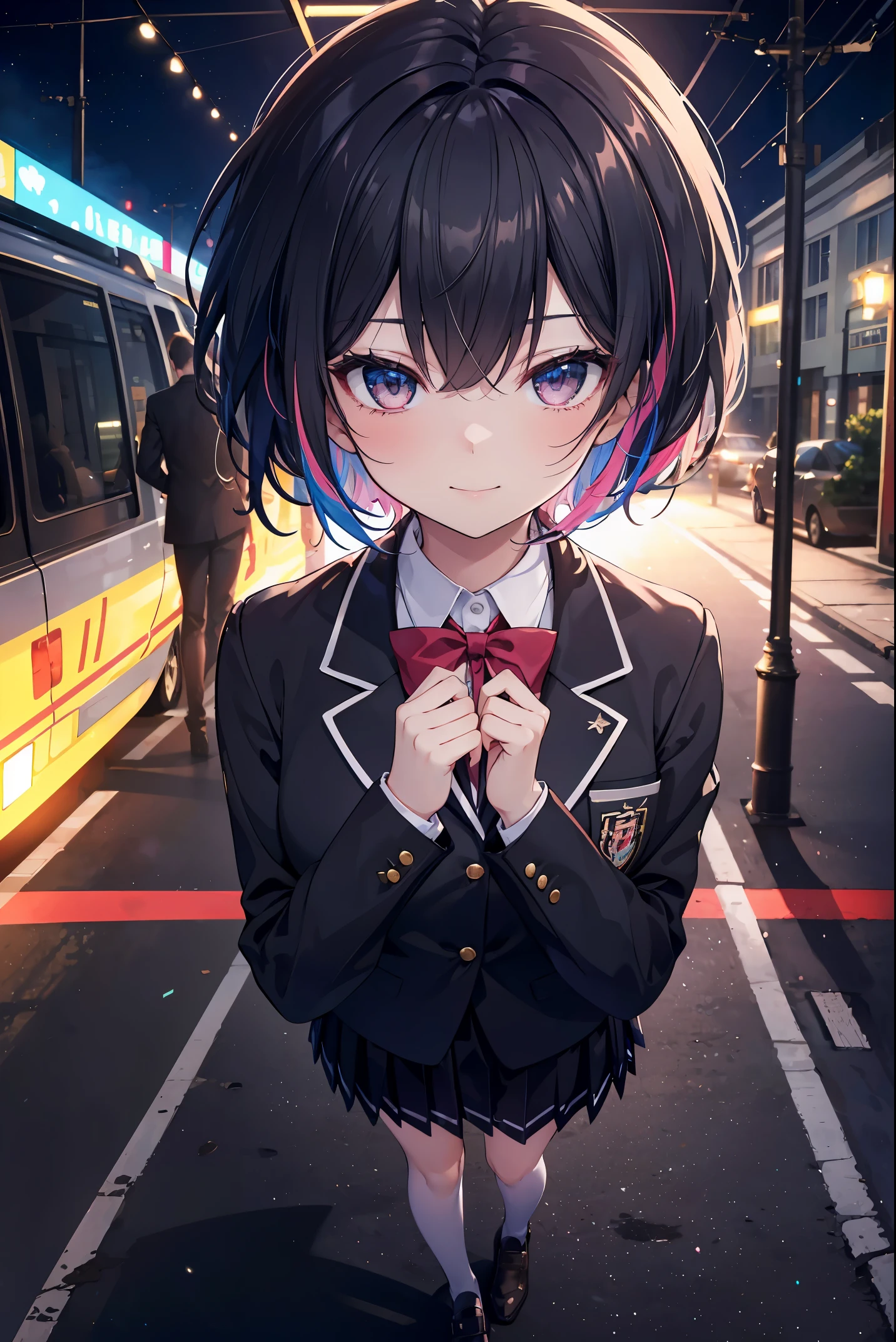 (Ideal:1.2), (perfect:1.2), (flawless:1.2), (highest quality:1.2), (best quality:1.2), street, 1girl, (evil smirk:1.2), (loli:1.2), young, (school uniform:1.1), detailed body, sexy thighs, small breasts, short hair, high quality eyes, 4K, highest quality resolution, best quality resolution, best quality upscale,