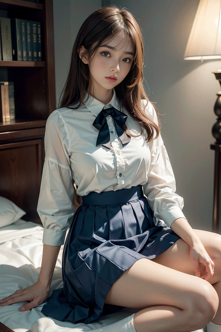 (best quality, 8k, highres, photorealistic:2.0), (solo, one girl:2.0),(lighting: strong),(lighting: front),(very muscular girl:2.0),(bodybuilder girl:1.5),(shiny skin:1.5),(long hair:1.5),(pink ash hair color:1.5),(Open your bent legs to the limit:1.5),(raise both arms behind your head:1.5),(black loafers:1.5),((school uniform)),(white collar shirt),(long sleeve shirt:1.1),tight shirt,((ribbon bow tie:1.1)),(short white socks),((blue pleated skirt)),((blue skirt)),((Wearing cute patterned white panties)),orgasmic look,((Girl leaning on an old leather sofa)), very beautiful girl, Blush brown makeup , dark eye makeup