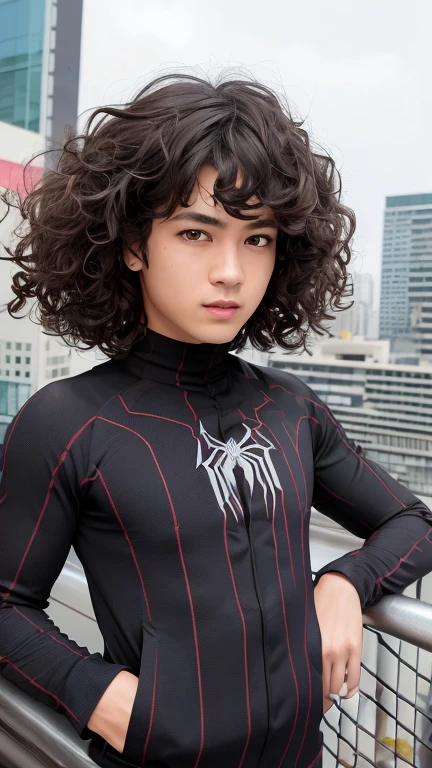 Spider suit, spider webs print, spider webs, spiderman, masterpiece, absurd, small details, HDR, ((highly detailed face and eyes)), realistic,, Focus on the eyes,, standing on the roof of a skyscrapper, ((no mask)), looking at the viewer, smile, black hair, boy focus, big hair, curly hair, earrings,cat eyes , Shibuya scramble crossing background,