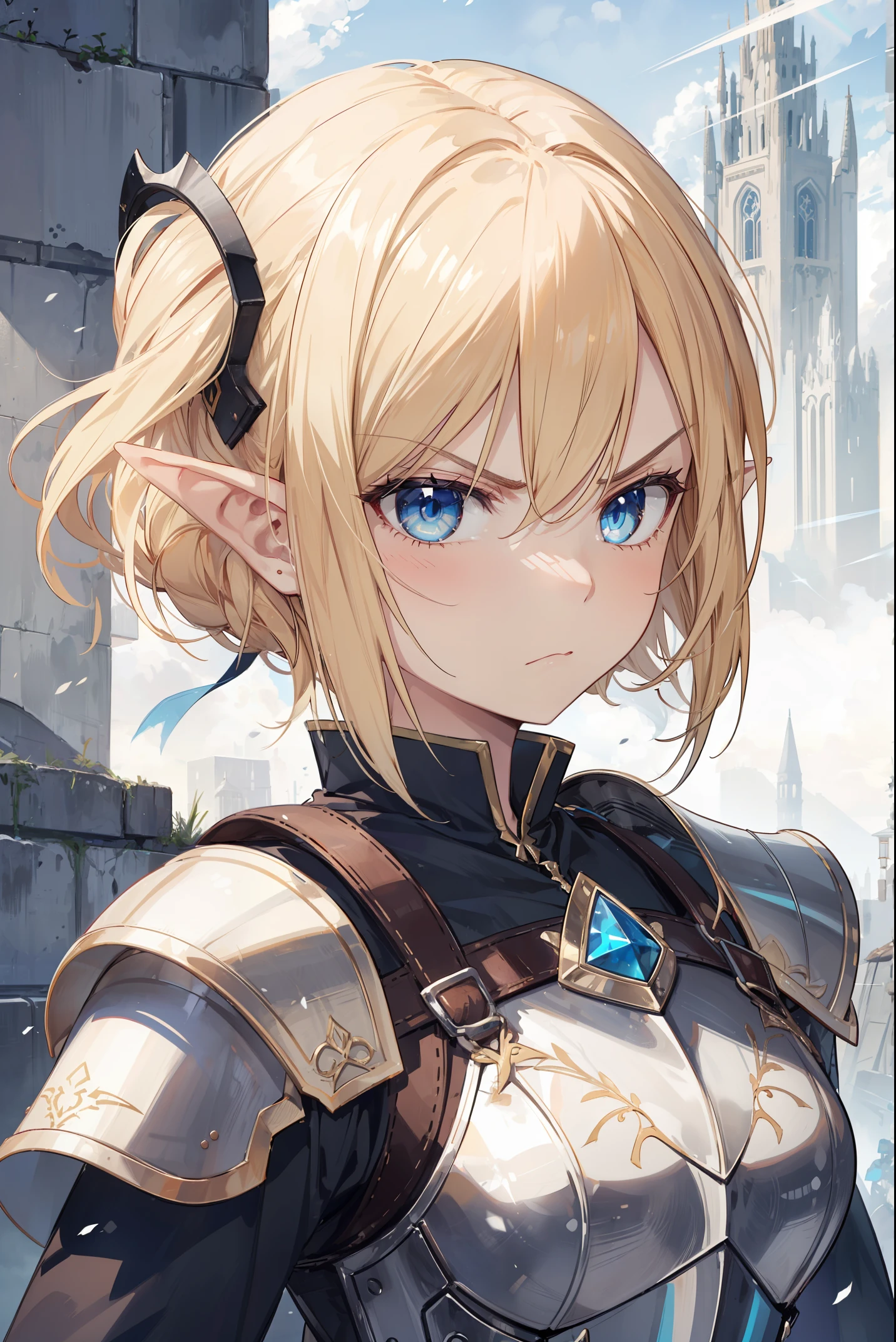 1 girl, elf, point ears, blue eyes, blonde hair, armor, warrior, battle , angry face,add_detail:1, add_detail:0, add_detail:0.5, more prism, vibrant color,