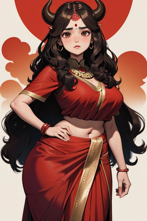 brunette wavy hair,Red Sari,black eyes、Indian elements,Brown woman、plump body shape、Cow horns on the head