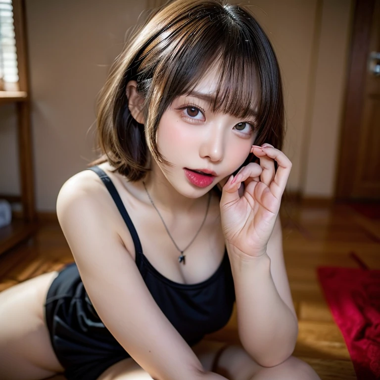 (highest quality、8K、32K、masterpiece、nffsw:1.2)、((５Beautiful fingers in a book))photo of cute japanese woman、big breasts、very short bobbed hair、whole body、underwear、beautiful feet、necklace、 balanced body、Hand Sign）verbal invitation, she keeps her mouth open, (just enough to make ends meet)
