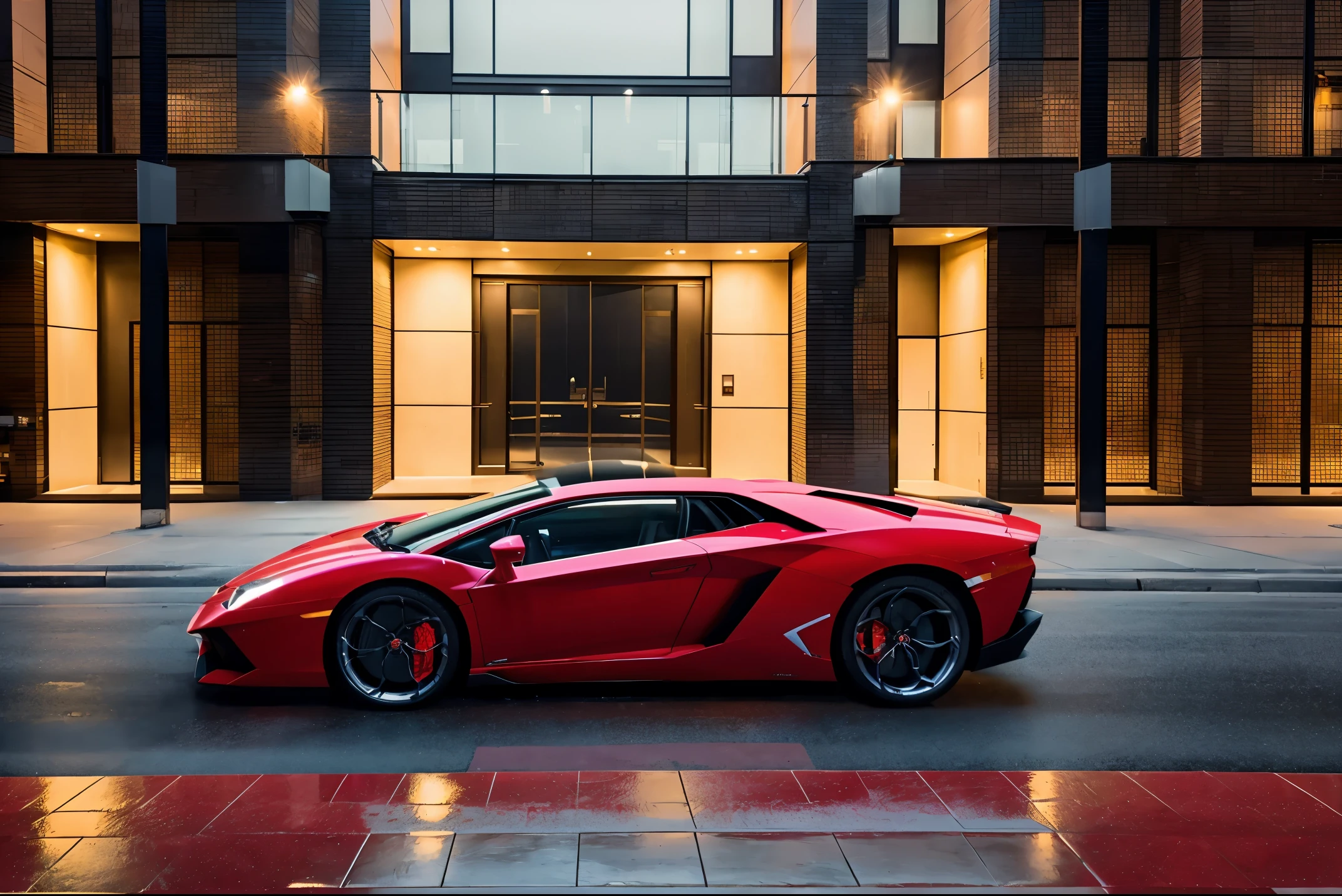 red lamborghini aventador　　precision and high quality　Realistic three-dimensional feel　beautiful background　Street parking in front of the marble entrance of a luxury apartment building.　beautiful lighting　beautiful street　stylish apartment　(shot from the side:1.3) beautiful night lights　after the rain　Wet ground