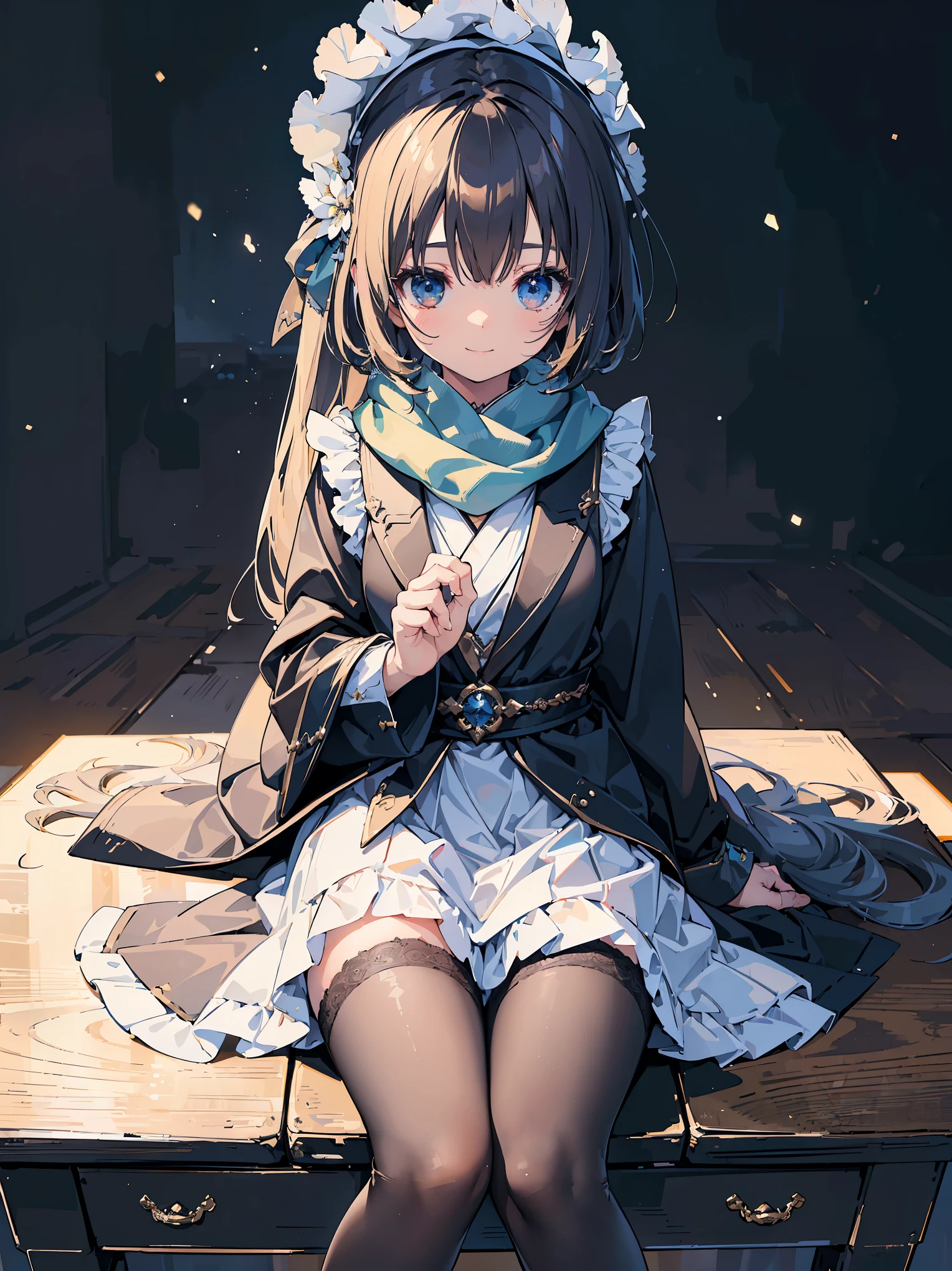 (Super highest quality work by the creator god: 1.4), (absolute resolution: 1.4), (highest masterpiece by the curatorial god: 1.4), Surrealistic work, (complicated, meticulous and detailed realistic materials, textures and light sources: 1.3), (Perfect Anatomy: 1.2),
BREAK
((tabletop, perfect pixels, 8K wallpaper)), 1 girl, single, solo, reincarnation of the goddess of beauty Aphrodite, unparalleled beauty, slender waist, toned oblique muscles, outstanding looks, Top of the noble class system, bonnet (clothing), scarf, ultra-luxury woolen long-sleeved bodice and skirt dress, overskirt, apron, sleeveless jacket-like jacket over the long-sleeved bodice, black high-quality leather loafers , frills, lace, looking up from above, stone pavement, thin bob with one-length braid, (hair growing from one eye), (dappled sunlight: 1.2), fantastic particle-like light source, Blurred background, (depth of field: 1.5), tilt of head, looking at viewer from behind, looking back, flexible body, ribbon,
Japanese school classroom scene, wood, sitting innocently on the desk, ultra-dense skin, (,, thighs open to the left and right: 1.2, absolute area: 1.3),
BREAK
(Depth of field: 1.4), looking at the viewer, (cute smile, upper eyes),
BREAK
, Super detailed skin, (Best lighting by a famous artist: 1.2), 8K, (Acting instruction on attractive poses by a famous master: 1.4), Cute illustrations.