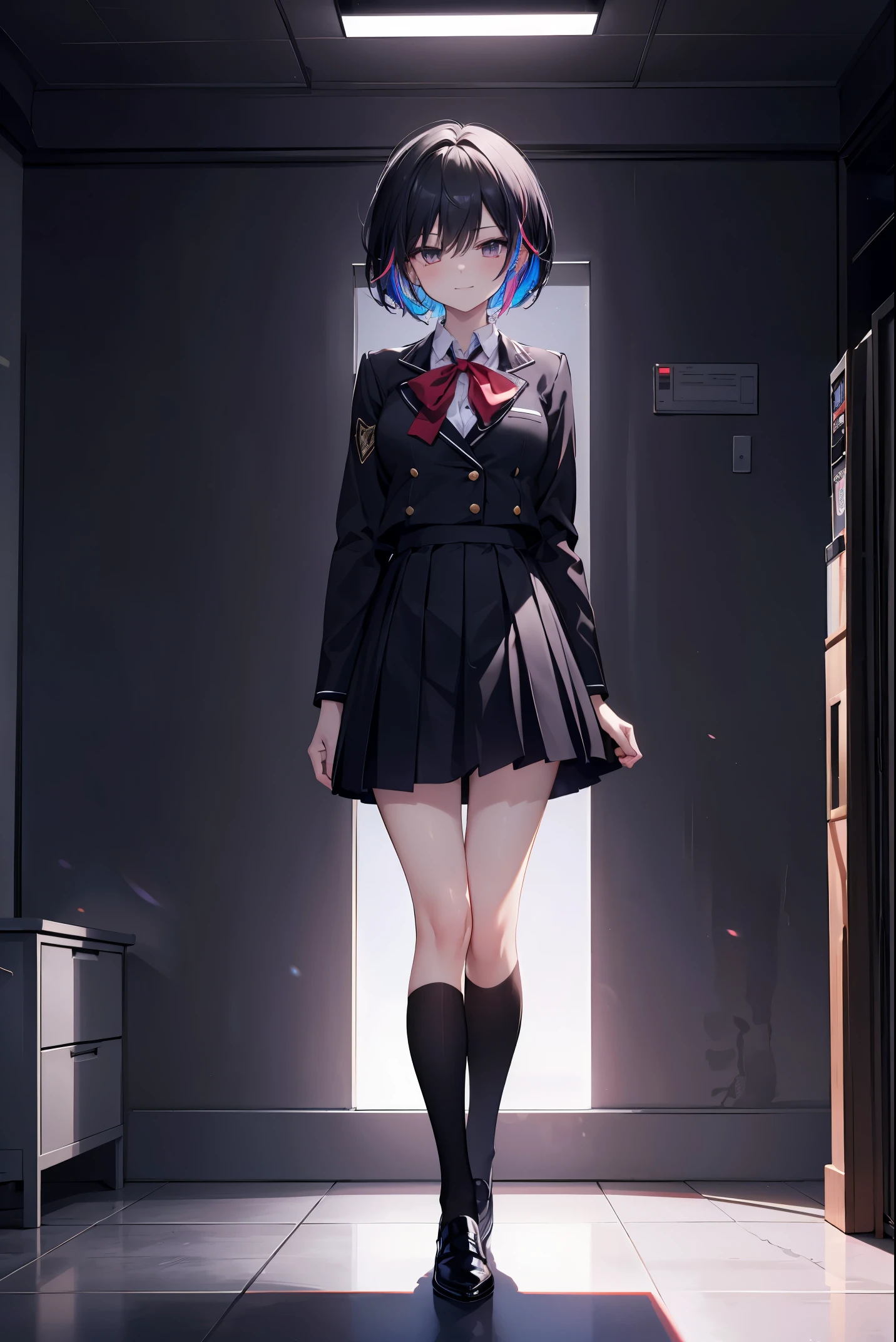 (friday i am in love) bestquality,masterpiece,best resolution,absurdres,(colorful),cinematic lighting,bust ,extremely detailed CG unity 8k wallpaper "A short-haired girl with black hair is smirking defiantly in the DISCO of the night. She is wearing a high school uniform, and the image is FULL body shot with a VIVID accent color."