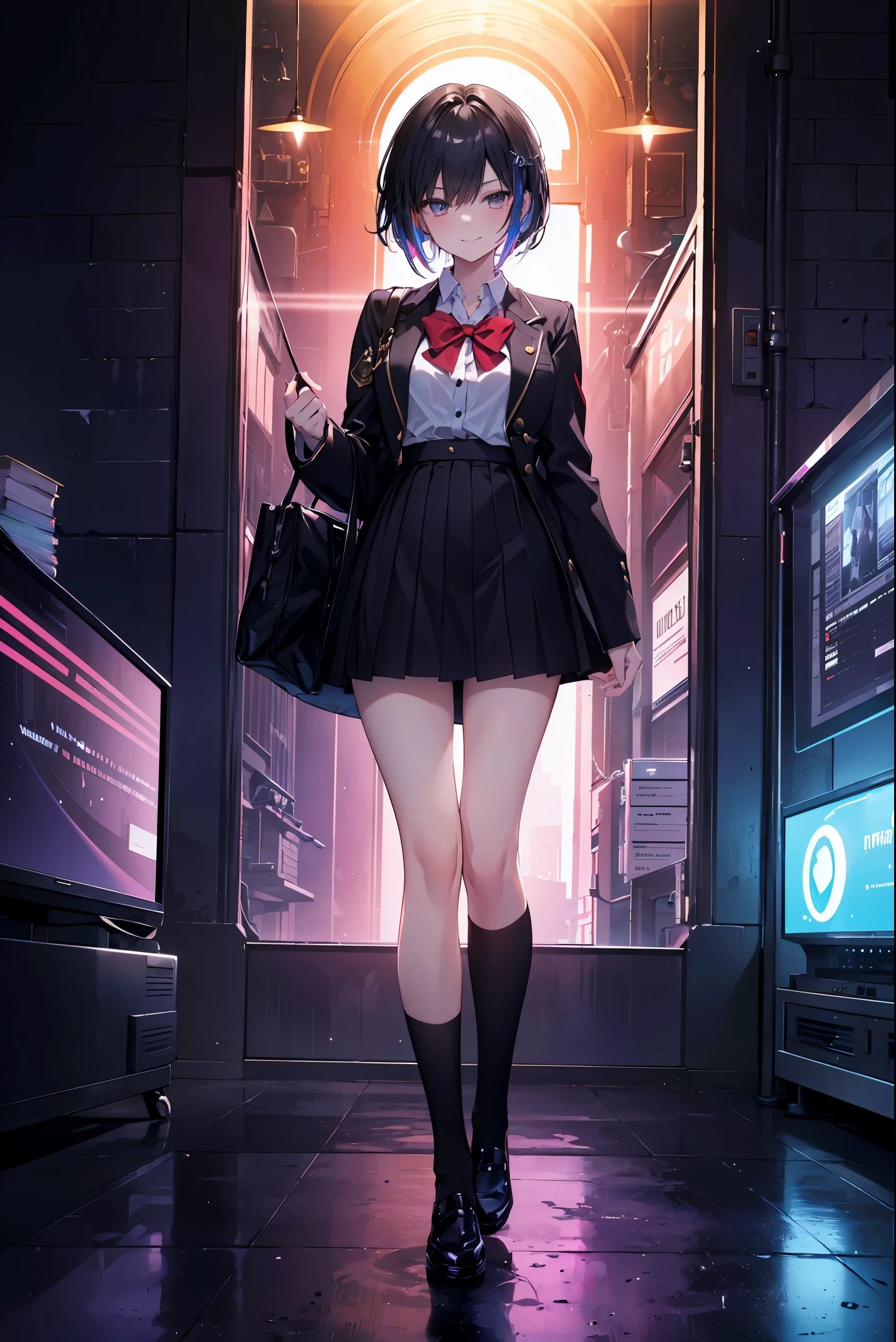 (friday i am in love) bestquality,masterpiece,best resolution,absurdres,(colorful),cinematic lighting,bust ,extremely detailed CG unity 8k wallpaper "A short-haired girl with black hair is smirking defiantly in the　DISCO of the night. She is wearing a high school uniform, and the image is FULL body shot with a VIVID accent color."