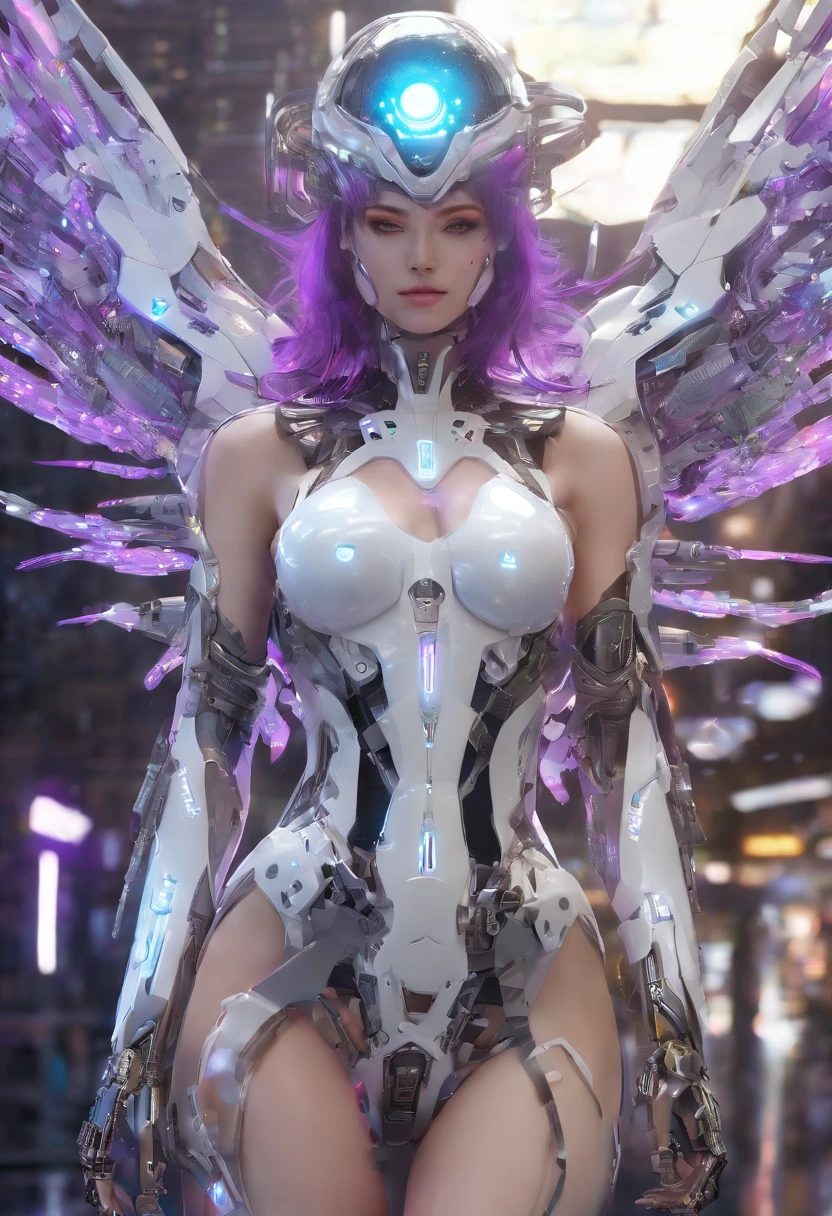 top-quality、masterpiece、超A high resolution、(Photorealsitic:1.4)、Raw photo、Steampunk Battle Cyborg Angel、large wings made of metal、White porcelain body、Acrylic Clear Cover、white hair、glowy skin、1 Cyborg Girl、((super realistic details))、portlate、globalillumination、Shadow、octan render、8K、ultrasharp、character edge light,Colossal tits、Raw skin is exposed in cleavage、Details of complex ornaments、Sumerian details、Hydraulic cylinder、Small LED lamp、highly intricate detail、Realistic light、a purple eye、radiant eyes、Facing the camera、neon details、cowboy shot、Futuristic headgear、About Cyberpunk、、