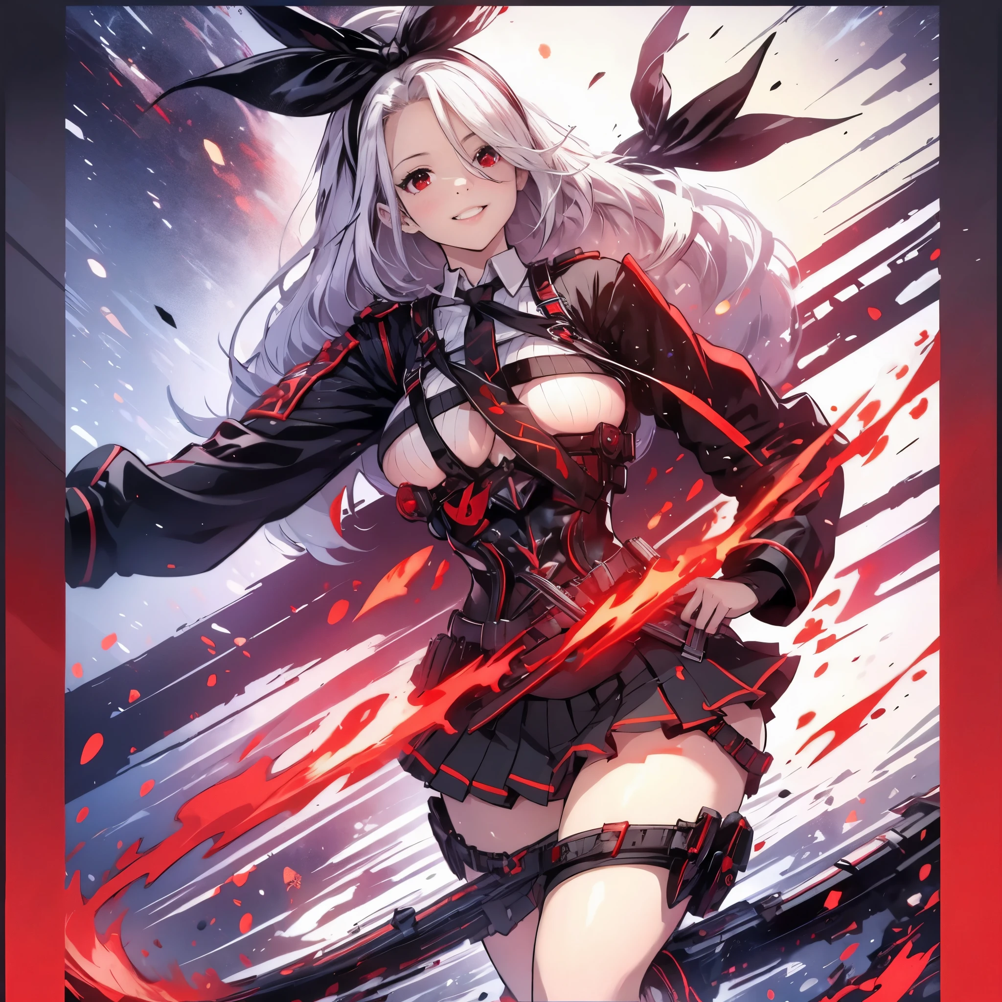 (masterpiece), best quality, expressive eyes, perfect eye, perfect face, detailed eye, smiling face, lips, stare, full body, big breast, thigh thick, prinz heinrich, absurdly long hair, hair between eyes, hair ribbon, mole, mole under eye, (red eyes:1.5), ribbon, white hair, black necktie, crop top, detached sleeves, high-waist skirt, necktie, pleated skirt, ribbed shirt, shirt, skirt, underboob