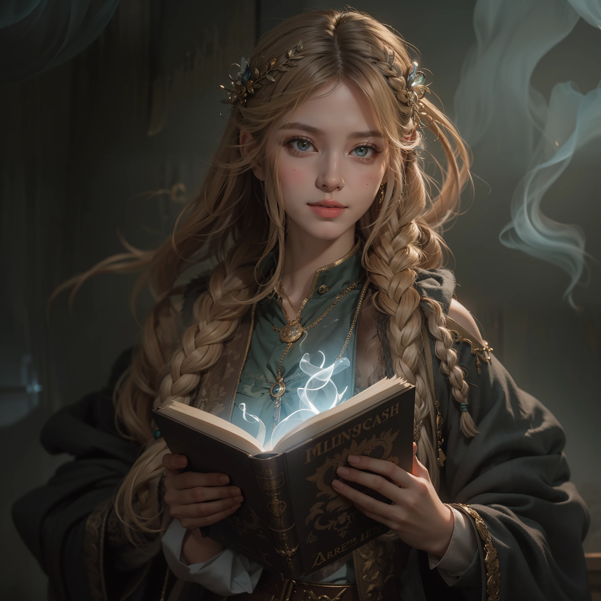 masterpiece, best quality, ultra-detailed, Female sorceress, hazel eyes, icy eyes, She has a cold smile on her mouth, magic book in her right hand, In her left hand hangs a small lantern, blond hair parted and down in two braids, modest brown dress, reddish brown braided sandals, Deep moss-colored damaged cloak over her shoulders,Mysterious smoke、Mysterious smoke, wind, luminous objects, intricate backgrounds, hyper realistic textures, beautiful girl, gently smiling、Full body poses, award-winning and incredibly beautiful work