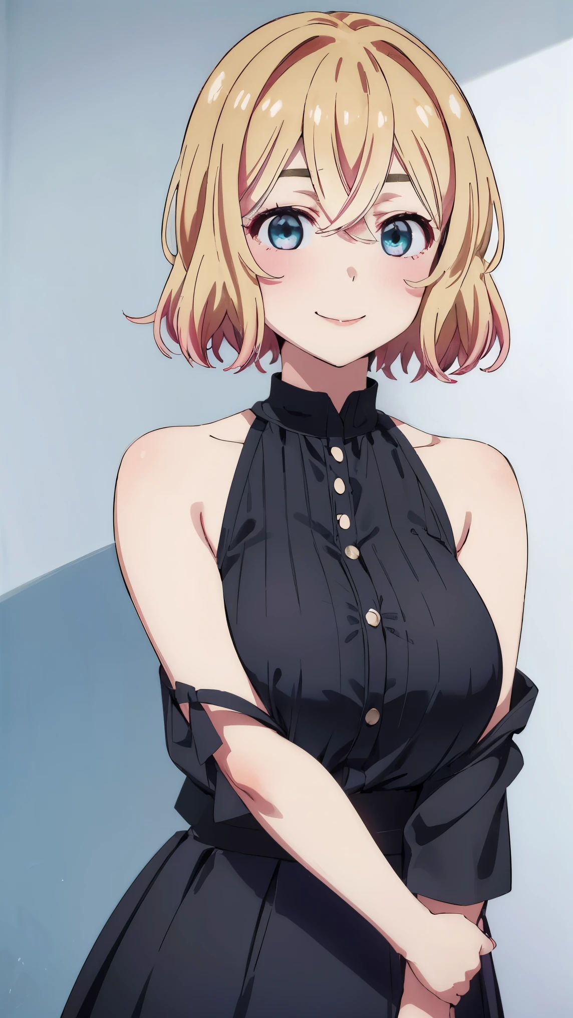 (((pixel-perfect, detail-perfect))), solo, 1girl, mami nanami, big boobs, black shirt, bare shoulders, looking at viewer, smile, standing, upper body: 1.0