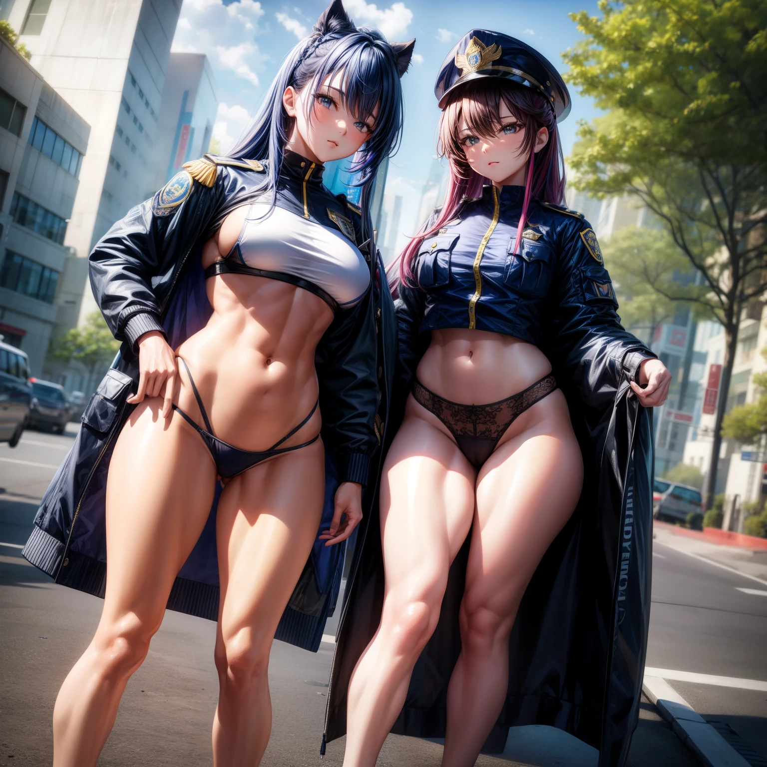 (8K ,Ultra-detailed,Super real photos,Best masterpiece,Nature,perfect work of art,perfect female body),two women,Sister and sister, sisters,rainbow hair,perfect face,(huge tits),neighbor wife,woman hairstyle,elegant wife,At the police station,Exquisite and ,wearing police officer uniform,police uniform,super short thong,穿着低胸露肩police uniform,T-shaped small,huge big,naked leg,full body shot,elastic muscles,raised raised raised,Obscenity exposed