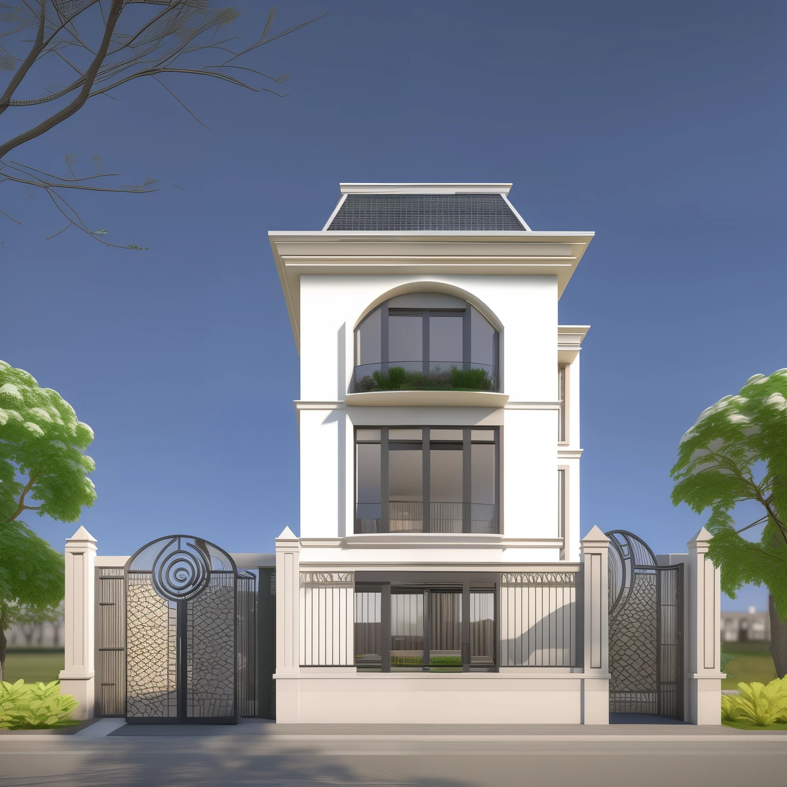 overall view of a neoclassical house 3 d vray export, 3 d photorealistic rendering, vray rendering, vray rendering, rendering in vray, 3d rendering, 3 d rendering, photorealistic 3 d rendering learning, photorealistic 3d rendering, exterior design, rendered in 3dsmax, highly detailed 3d rendering