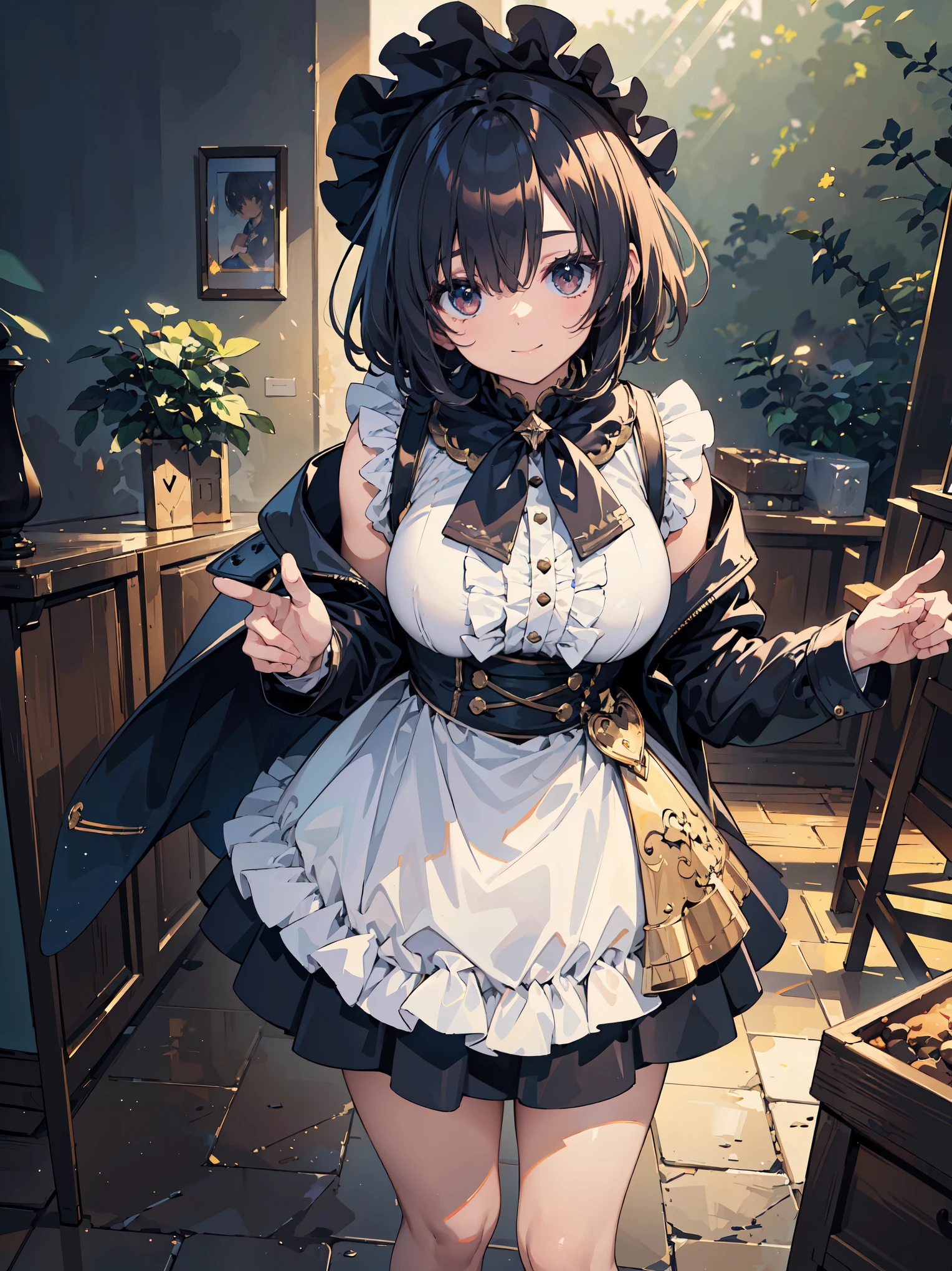 (Super highest quality work by the creator god: 1.4), (absolute resolution: 1.4), (highest masterpiece by the curatorial god: 1.4), Surrealistic work, (complicated, meticulous and detailed realistic materials, textures and light sources: 1.3), (Perfect Anatomy: 1.2),

BREAK

((tabletop, perfect pixels, 8K wallpaper)), 1 girl, single, solo, reincarnation of the goddess of beauty Aphrodite, unparalleled beauty, slender waist, toned oblique muscles, outstanding looks, The highest ranking family in the class system, bonnet (clothing), scarf, ultra-luxury woolen long-sleeved bodice and skirt dress, overskirt, apron, long-sleeved bodice,
From above, a sleeveless jacket-like jacket, black high-quality leather loafers, frills, lace, ribbons,

BREAK

(Hair is growing out of one eye), (Dotted sunlight: 1.2), Particle-like fantastic light source, blurred background, (Depth of field: 1.5), Head tilted, from behind , looking at the viewer, looking back, flexible body, looking up from above, (depth of field: 1.4), looking at the viewer, (cute smile),

BREAK

Scenery of the Cathedral of Our Lady, prestigious cathedral, ultra-dense skin, (,, thighs open to the left and right: 1.2, absolute area: 1.3),

BREAK

, Super detailed skin, (Best lighting by a famous artist: 1.2), 8K, (Acting instruction on attractive poses by a famous master: 1.4), Cute illustrations.

BREAK