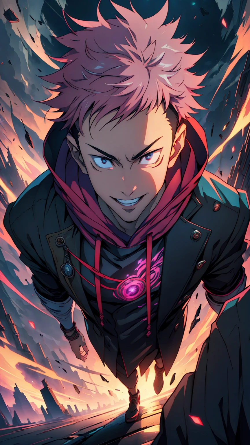 1boy, full body shot, 173 cm, perfect hands, perfect fingers, itadori yuuji, black outfit, pink hair, look at sky, smile, red and dark moon city night background, wallpaper, cinematic,High resolution 8K, Bright light illumination, lens flare, sharpness, masterpiece, top-quality, The ultra -The high-definition, high resolution, extremely details CG, Anime style, Film Portrait Photography,masterpiece,hyperdetail