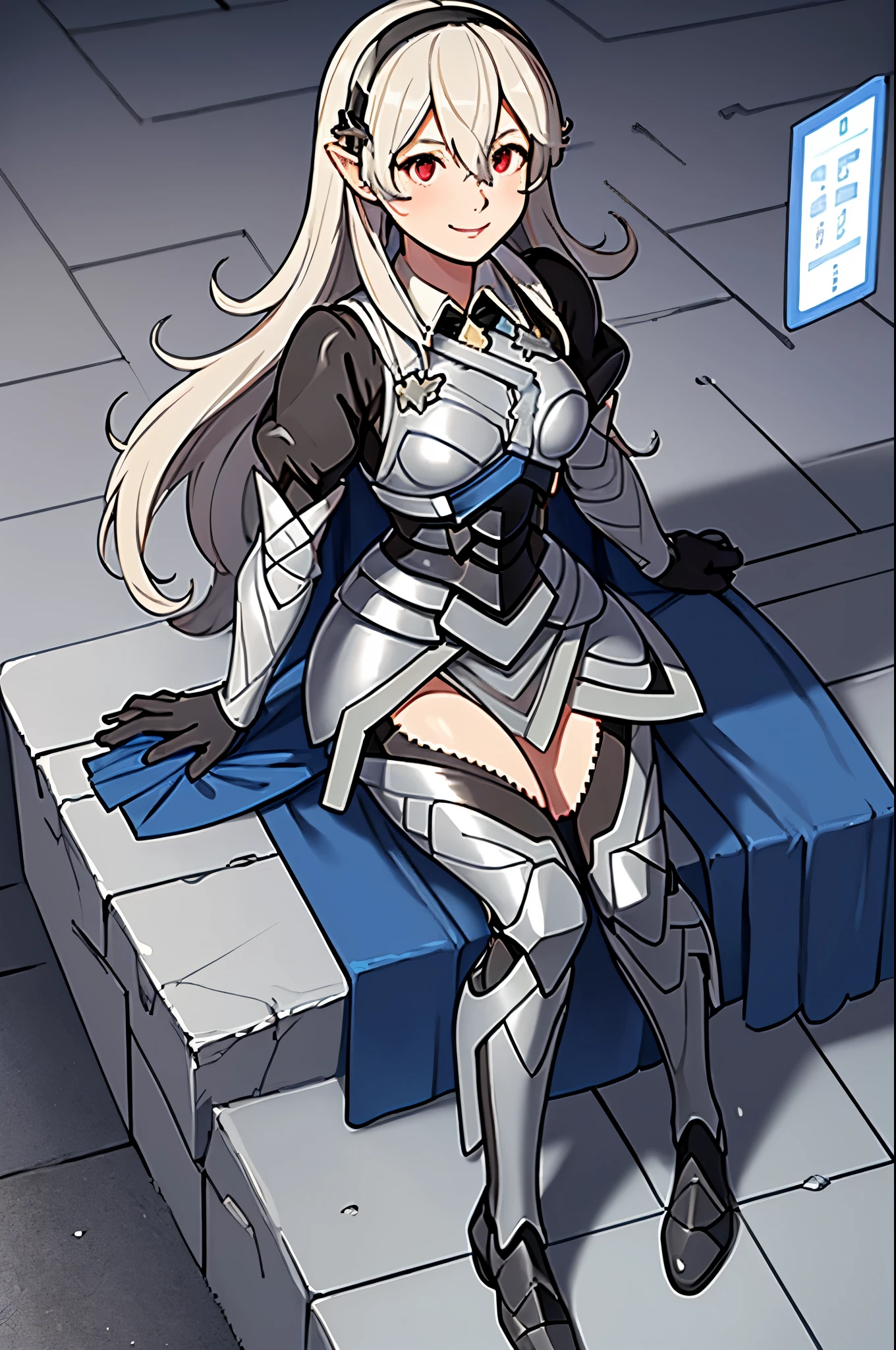 masterpiece, best quality, defCorrin, black hairband, armored dress, blue cape, juliet sleeves, puffy sleeves, vambraces, black gloves, armored legwear, looking at viewer, sitting on the ground, holding own knees, field, from above, smile 