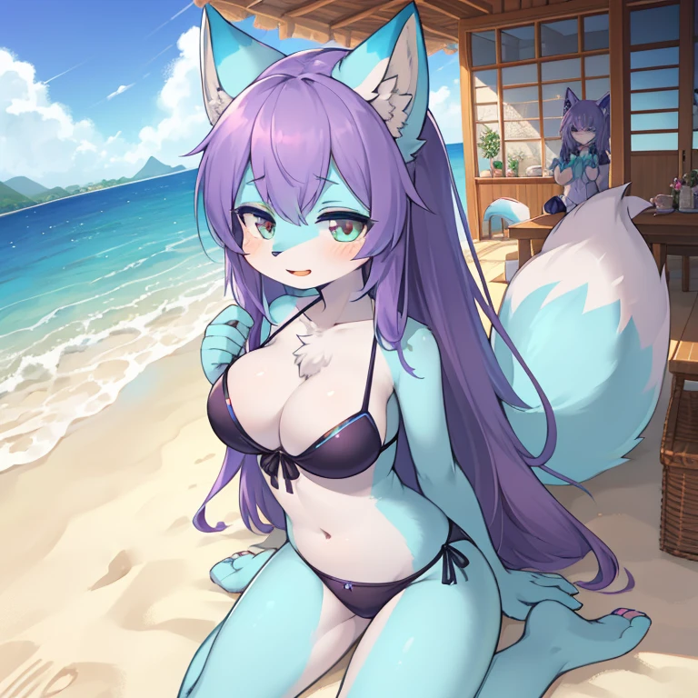 masterpiece, solo, 1girl, medium breasts, Furry, kemono, furry fox, anthropomorphic, female, silver eyes, (cyan fur, cyan skin, purple hair), sexy beach clothes, seaside house, uploaded on e621,
