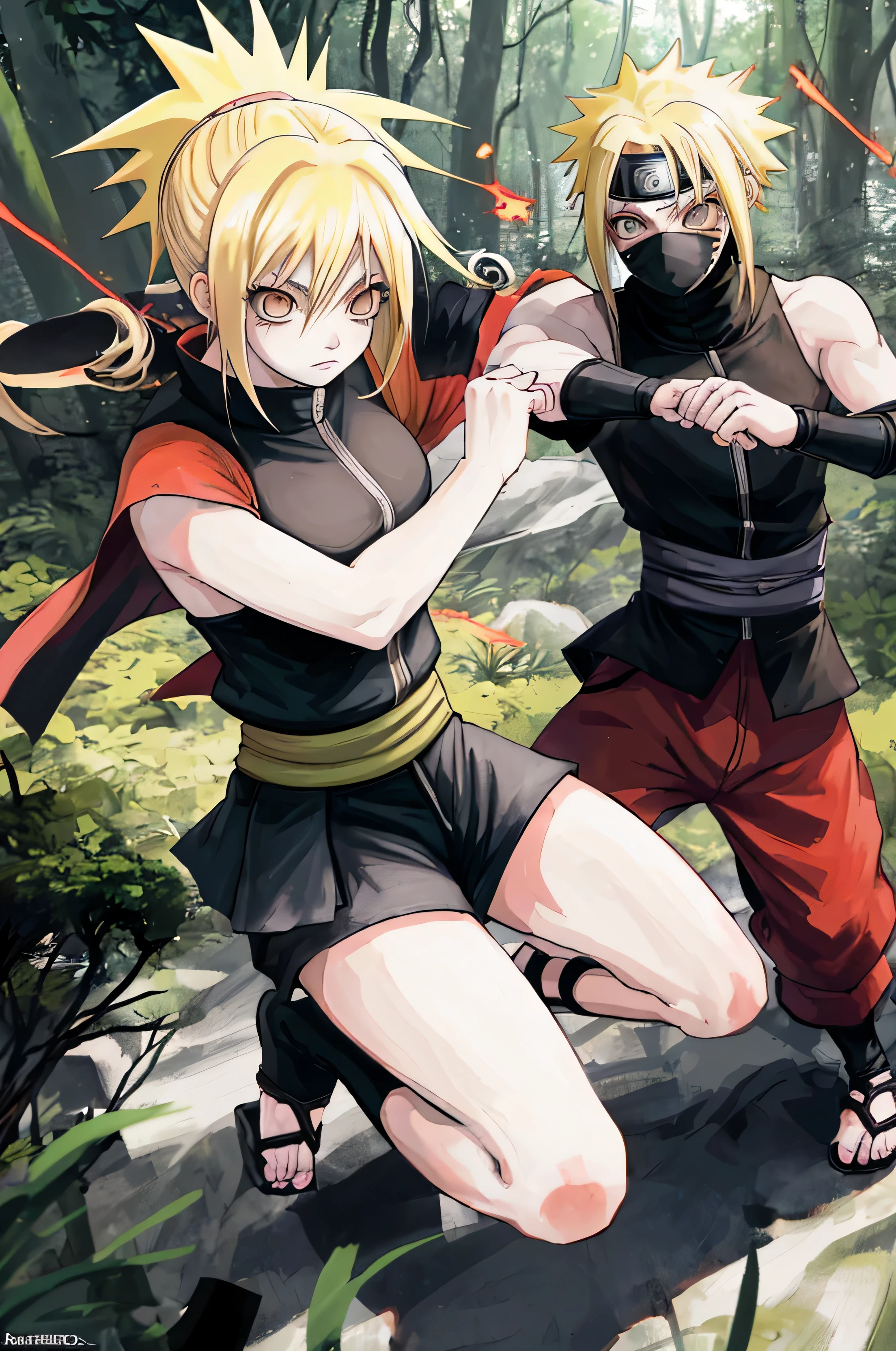 naruto style 1 girl blonde hair, brown eyes, fighting a boy blonde hair, wearing ninja clothes in a forest, no mask, absurdes, high res, ultrasharp, 8k, masterpiece