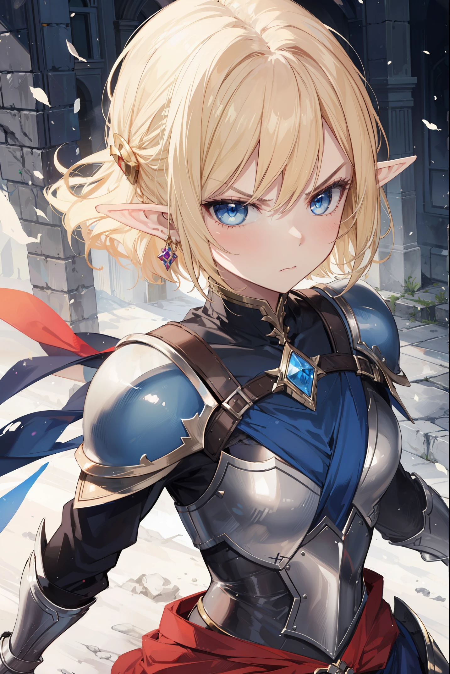 1 girl, elf, point ears, blue eyes, blonde hair, armor, warrior, battle , angry face,add_detail:1, add_detail:0, add_detail:0.5, more prism, vibrant color,