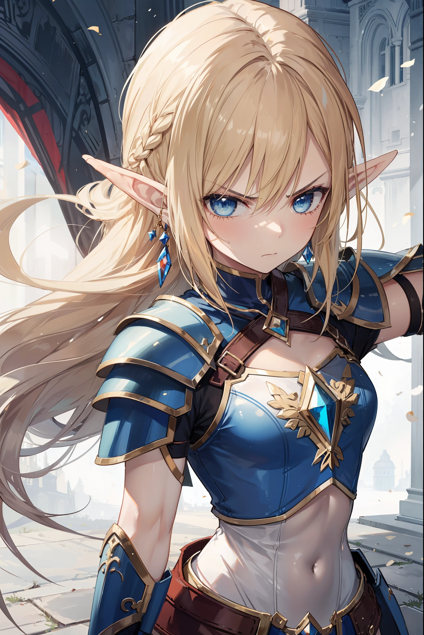 1 girl, elf, point ears, blue eyes, blonde hair, armor, warrior, battle , angry face,add_detail:1, add_detail:0, add_detail:0.5, more prism, vibrant color,