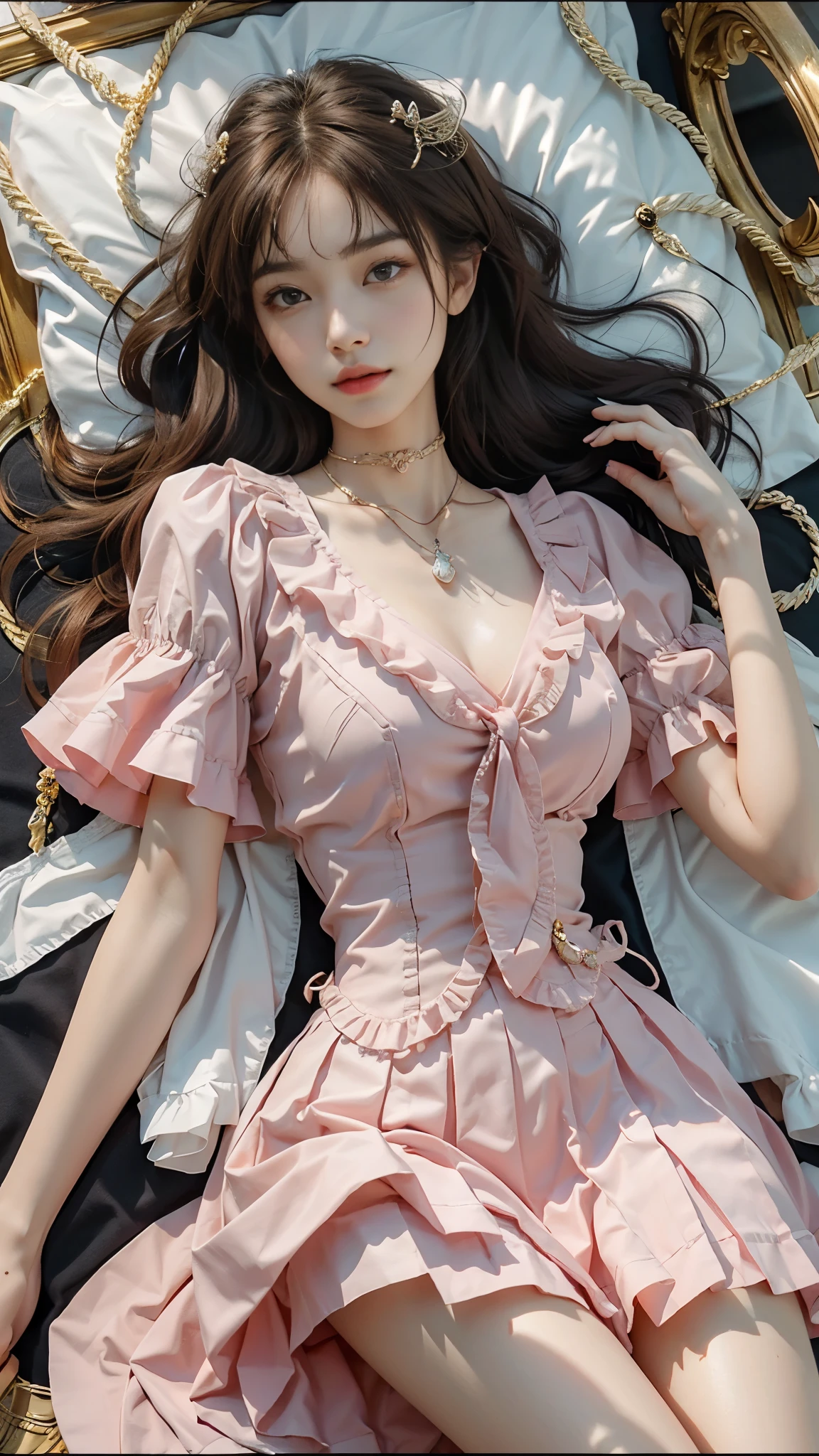 pleated skirt,pink skirt,pink sailor collar, ((Aerial view)), ((knee shot)), beautiful legs, slender legs, lying down, flat lay, flat lay在床上, Hold your hands between your legs, (top quality, 8k, masterpiece: 1.3), beautiful woman with perfect body: 1.4, dark brown hair, Wear a pendant, Highly detailed face and skin, delicate eyes, double eyelids, best quality, masterpiece, (lifelike: 1.4), a woman, golden ratio, perfect face, slim body, pretty face, bright smile, Gloss, emphasize, Gloss, Bangs, Refreshing charm, elegant, shining, elegant姿势, masterpiece, best quality, (fidelity, fidelity: 1.37), 8k, very delicate and beautiful, amazing, Exquisite details, ridiculous, File size is huge, Very detailed, beautiful and delicate woman, Very detailed eyes and face, 美丽delicate eyes, transparent double, big eyes, There is light on the face, a woman, (perfect female figure), thin waist, Feminine Expressions, overwhelming charm, White background, light background, Gloss on skin, Gloss on face, Gloss on chest