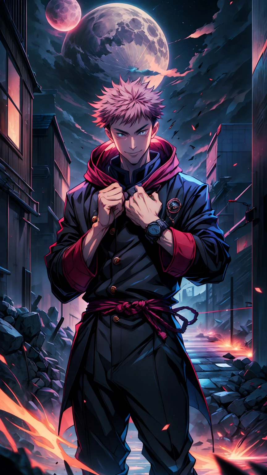 1boy, full body shot, 173 cm, perfect hands, perfect fingers, itadori yuuji, black outfit, pink hair, look at sky, smile, red and dark moon city night background, wallpaper, cinematic,High resolution 8K, Bright light illumination, lens flare, sharpness, masterpiece, top-quality, The ultra -The high-definition, high resolution, extremely details CG, Anime style, Film Portrait Photography,masterpiece,hyperdetail