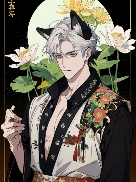 ((4K、masterpiece、highest quality))、(two men smiling face to face)、White-haired man with beautiful fox ears、strong man with black hair with wolf ears、Ink painting and watercolor painting、traditional chinese ink painting、lotus、Hanfu、maxi kit、dress conservatively、animal ears,、foreigner、Floral、many flowers nearby、Shenlong、highly detailed face
