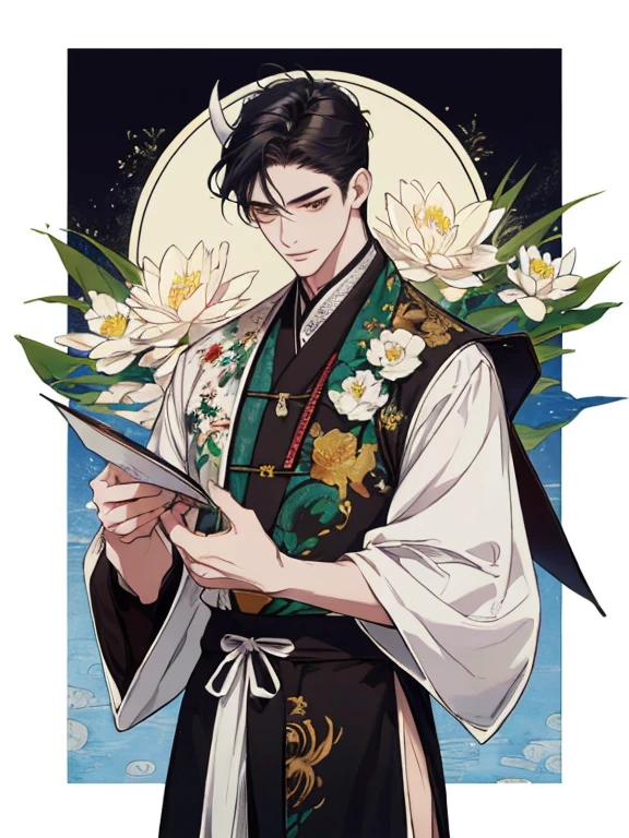 ((4K、masterpiece、highest quality))、(two men smiling face to face)、White-haired man with beautiful fox ears、strong man with black hair with wolf ears、Ink painting and watercolor painting、traditional chinese ink painting、lotus、Hanfu、maxi kit、dress conservatively、animal ears,、foreigner、Floral、many flowers nearby、Shenlong、highly detailed face