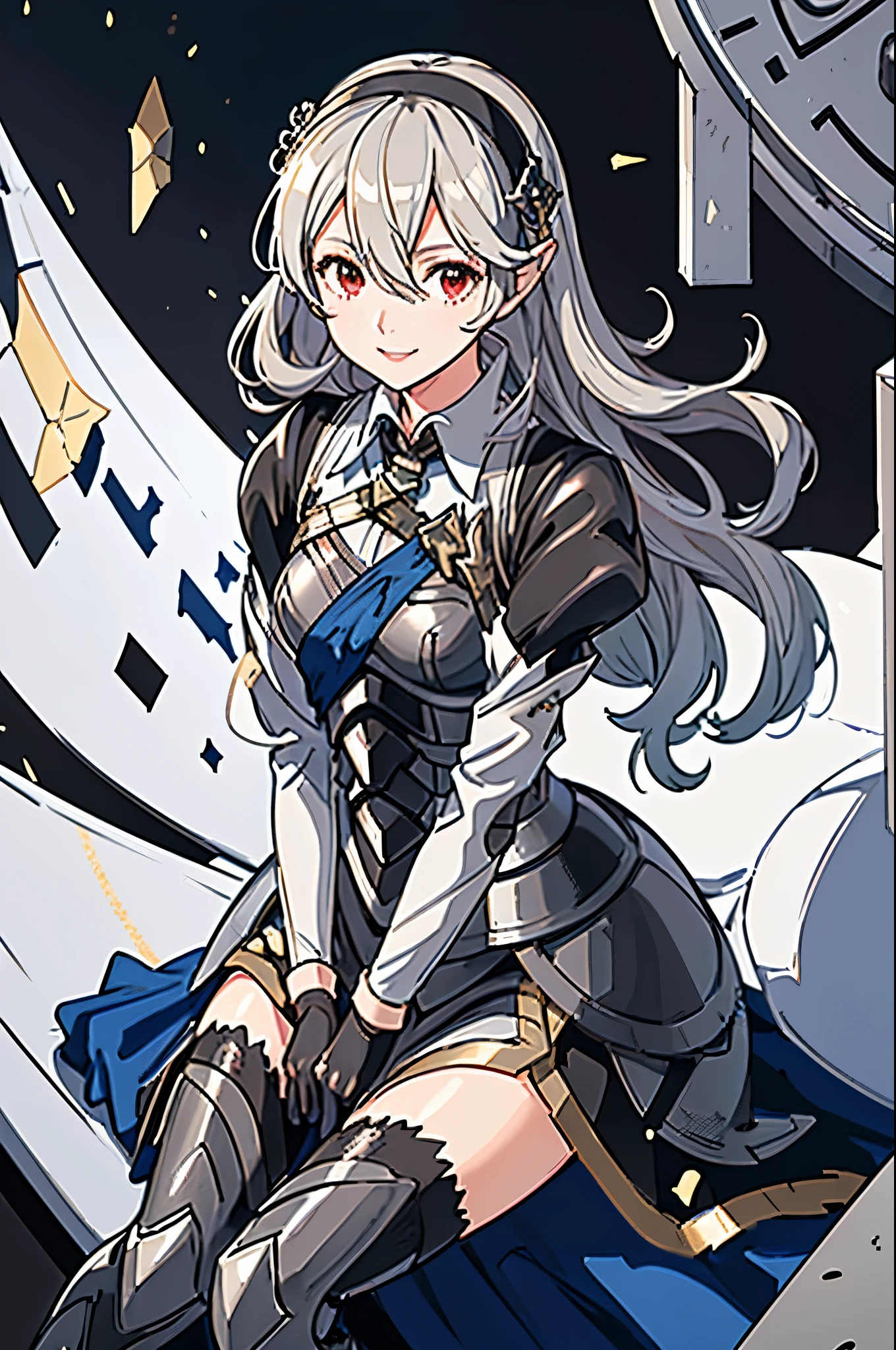 masterpiece, best quality, defCorrin, black hairband, armored dress, blue cape, juliet sleeves, puffy sleeves, vambraces, black gloves, armored legwear, looking at viewer, sitting on the ground, holding own knees, field, from above, smile