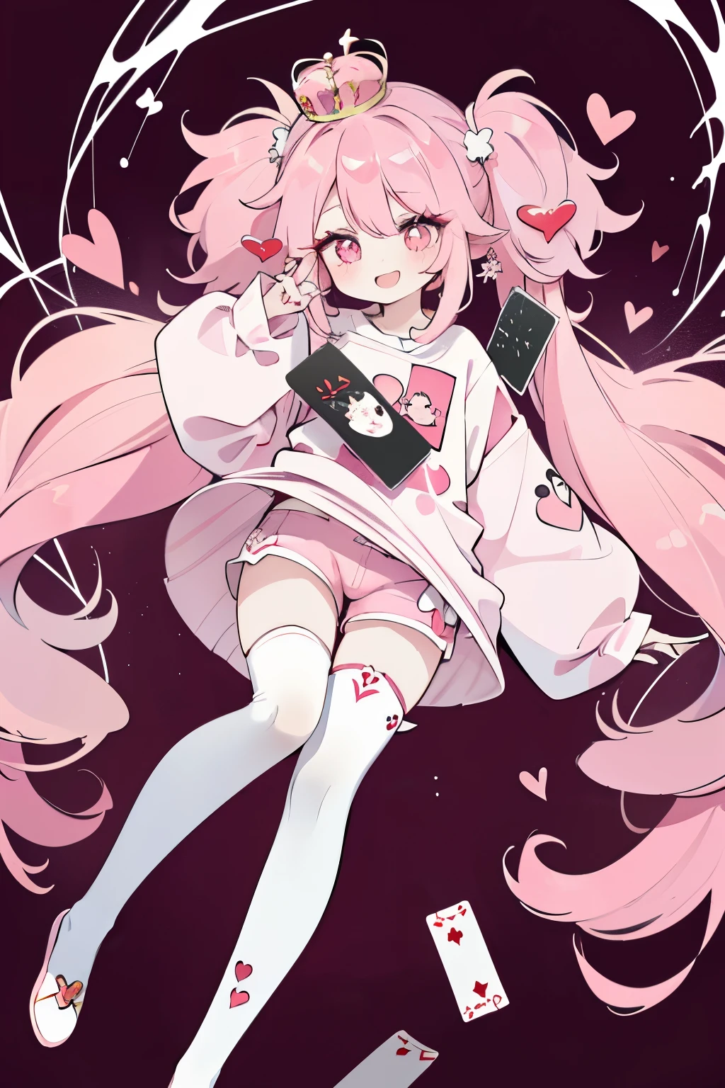 Crazy, girl, long hair, curly hair, pink hair, full body picture, pink eyes, heart shaped pupils, insane smile, blood splatter, 1GIRL, insane girl in long pink hair, crown, princess bubblegum style, finely detailed, (best quality), (intricate details), cute style, loli, jester style, multicolored, ((long pink messiest hair in pigtails)), best quality, ((long sleeve shirt and shorts)), ((red and white clothes)), ((jester style clothes)), ((thigh high socks)), ((round eyes)), ((has jester makeup)), beautiful face, happy, cute face, pinup, perfect face, simple background portrait, clowh hear cards, bubble gums