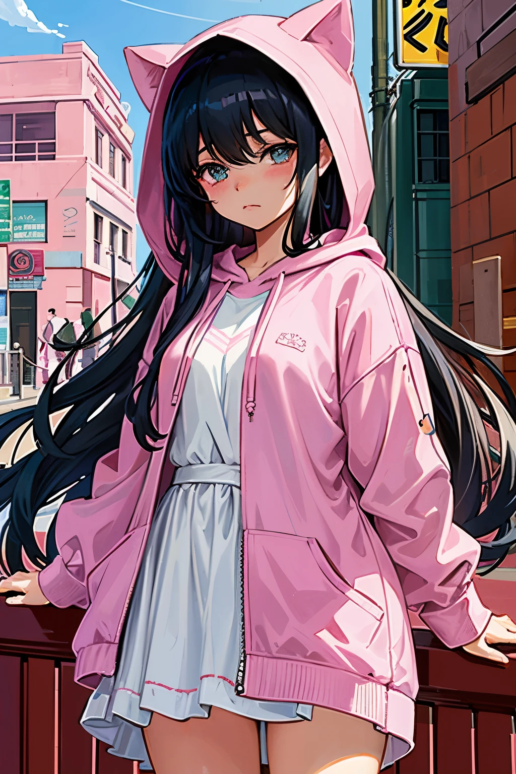 In the heart of a pink city, an ultra-realistic anime world came to life, where every detail was meticulously crafted in 4K resolution, free from any imperfection. Amidst this perfect Toca Boca landscape, a young girl named Laura Rijo stood out. With a mix of ethnicities, she wore a pink hoodie, her wavy black hair cascading down her shoulders. Her expressive sad eyes conveyed a deep melancholy, a stark contrast to the vibrant city around her. As she looked on, her introspective gaze told a story of longing and dreams untold.