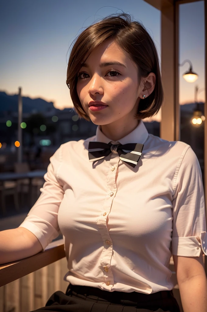 (8k, RAW photo, best quality, masterpiece:1.2), (realistic, photo-realistic:1.37), ultra-detailed,
1 girl,cute, solo,beautiful detailed sky,detailed cafe,night,sitting,dating,(nose blush),(smile:1.1),(closed mouth),large breasts, seductive smile, large aparture, professional lighting, Sony A7R4, Zessie 50mm F1.8,
medium breasts,beautiful detailed eyes,(collared shirt:1.1), bowtie,pleated skirt,(short hair:1.2),floating hair 