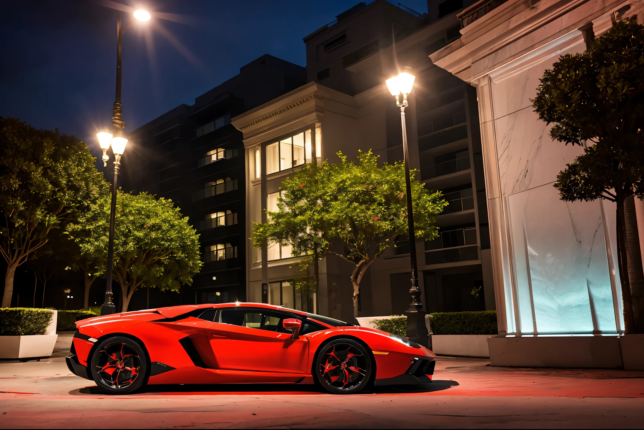 red lamborghini aventador　　precision and high quality　Very realistic three-dimensional feel　beautiful background　Parking on the street in front of the marble entrance of a super luxury resort condominium.　very beautiful lighting　beautiful street　stylish apartment　(shot from the side:1.3) very beautiful night light　after the rain　Wet ground