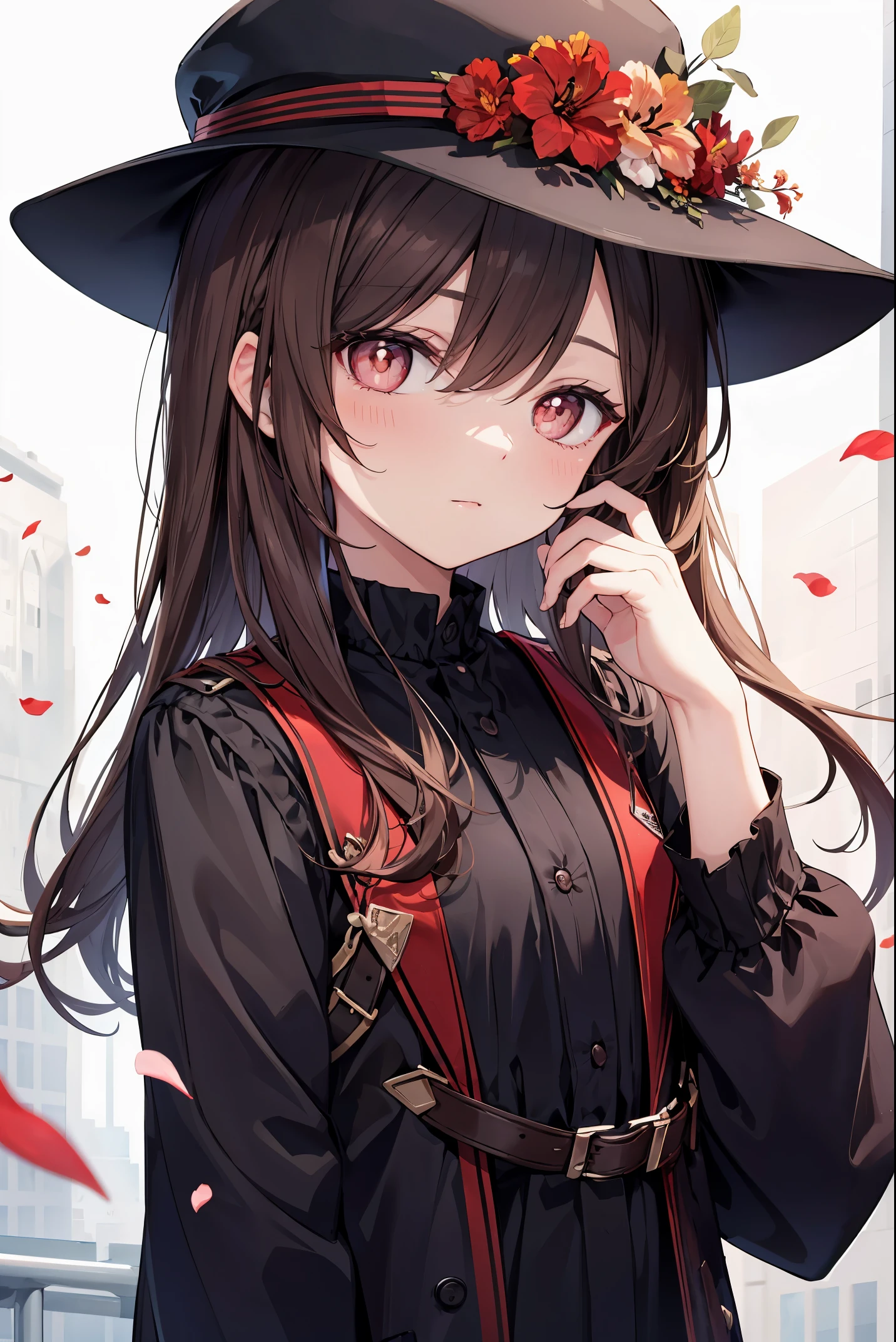 Brown hair, red coloured iris, cute, small to medium sized build, flower petal shaped pupils, hat, red flower in hair