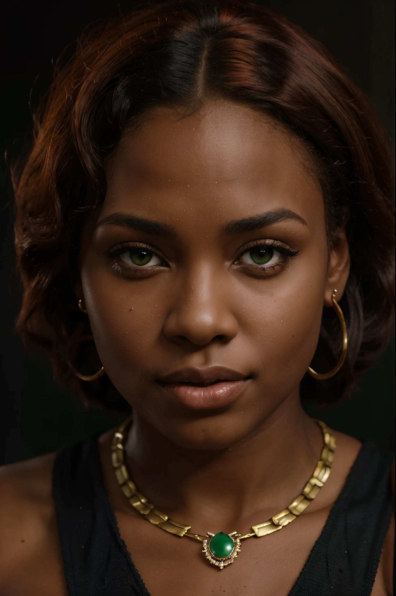 8K, RAW picture, Young african woman, pin-up girl, close-up, portrait, green eyes, stockings, dark red hair, lot of jewellery, dark background, detailed busy background