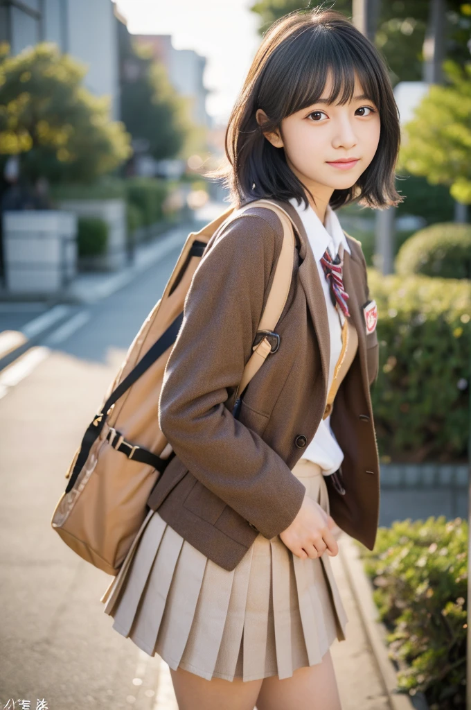 (((masterpiece))), (one beautiful japanese girl, Classmate, landscape and innocence,cute) ,Super high resolution, realistic, super detailed, 8K,highest quality, very detailed, detailed background,Slender,very beautiful japanese girl, detailed face:1.3), (boyish short hair,black haired :1.4), (baby face,cute系,adorable 14 year old girl), (perfect body:1.1), (brown blazer, light brown pleated mini skirt), cute表情,super detailed顔、detailed lips、detailed eye、small gravure idol,transparent skin、upon,Japanese high school uniform with the school emblem on the chest,carrying a backpack,Photoreal, 8K full-length portrait, Tokyo city, winter, 背景に夜のTokyo cityタワー