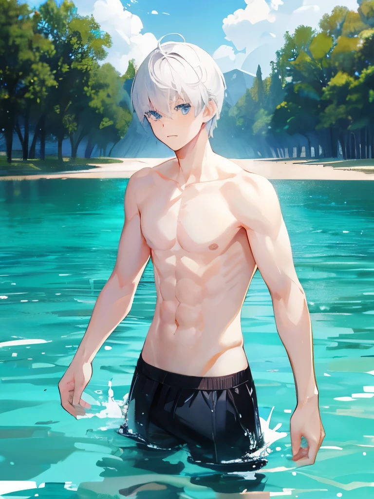 Short white hair, blue eyes, boy, swimming in the lake, slim muscle, clothes