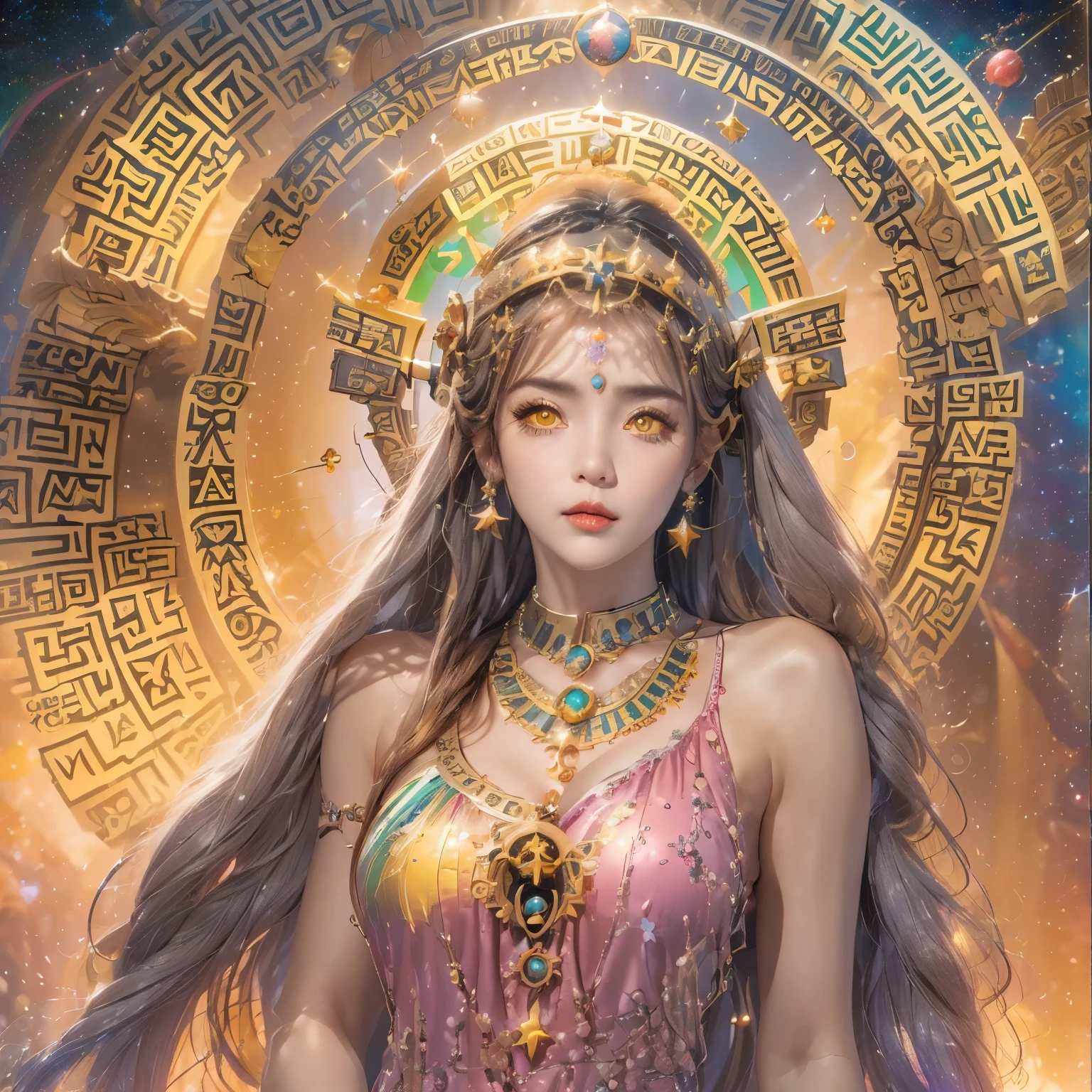 1 20 year old girl, 1 athena goddess from the future, 12 zodiac goddess pink purple, athena goddess face sexy thin yellow nightgown, long thin nightgown 12 zodiac many limbs sexy black lace detail, mythical goddess of the athena from the future, Symbol of Goddess, luxurious glittering athena style, dark and mysterious version, athena crown, lipstick red lips, thin and pretty lips, don't smile, keep your mouth shut, characters created by karol bak and pino daeni, intricate detail, detailed background, extremely detailed, light magic, a woman, clear face, looking at the upper body of the goddess of the athena, round breasts, big and round breasts, phoenix hair brooch, long hair with bangs, (Long hair has 7 colors like rainbow:1.9), beautiful detailed face and well-proportioned eyes, (transparent yellow eyes: 1.8), big round eyes and very beautiful and detailed makeup, visionary, long silk nightgown, mysterious makeup, Bracelets, side bangs and dye pale yellow, upper body, (athena goddess upper body: 1.8), drooping arms, Realistic and vivid photo, (stars that make up the athena: 1.7), ( sky athena and fictitious space and time portal: 1.8), fiction art, RAW photo, hanfu photo, best photo , high_res, best quality, best photo, 8k quality, 8k ultra , surrealism, the most economical real photo, artistic portrait of athena signs, 1 symbol of athena signs behind, single portrait of athena goddess, The most realistic color scheme, best photo color, masterpiece, hair ornament, necklace, jewelry, Beautiful face, upper body, tyndall effect, photo realistic, dark studio, border light, two tone light, (detailed skin) high: 1.2), 8k uhd, dslr, soft light, high quality, volumetric light, candid, Photo, high resolution, 4k quality, 8k, Bokeh, Smooth and sharp, pixel up 10 times, Charming athena goddess, sexy athena goddess, (background space: 1.8), (galaxy: 1.7), aurora, lightning, (Aurora Background: 1.8), perfect eyes, photo of perfect eyes, beautiful goddess and flowers,