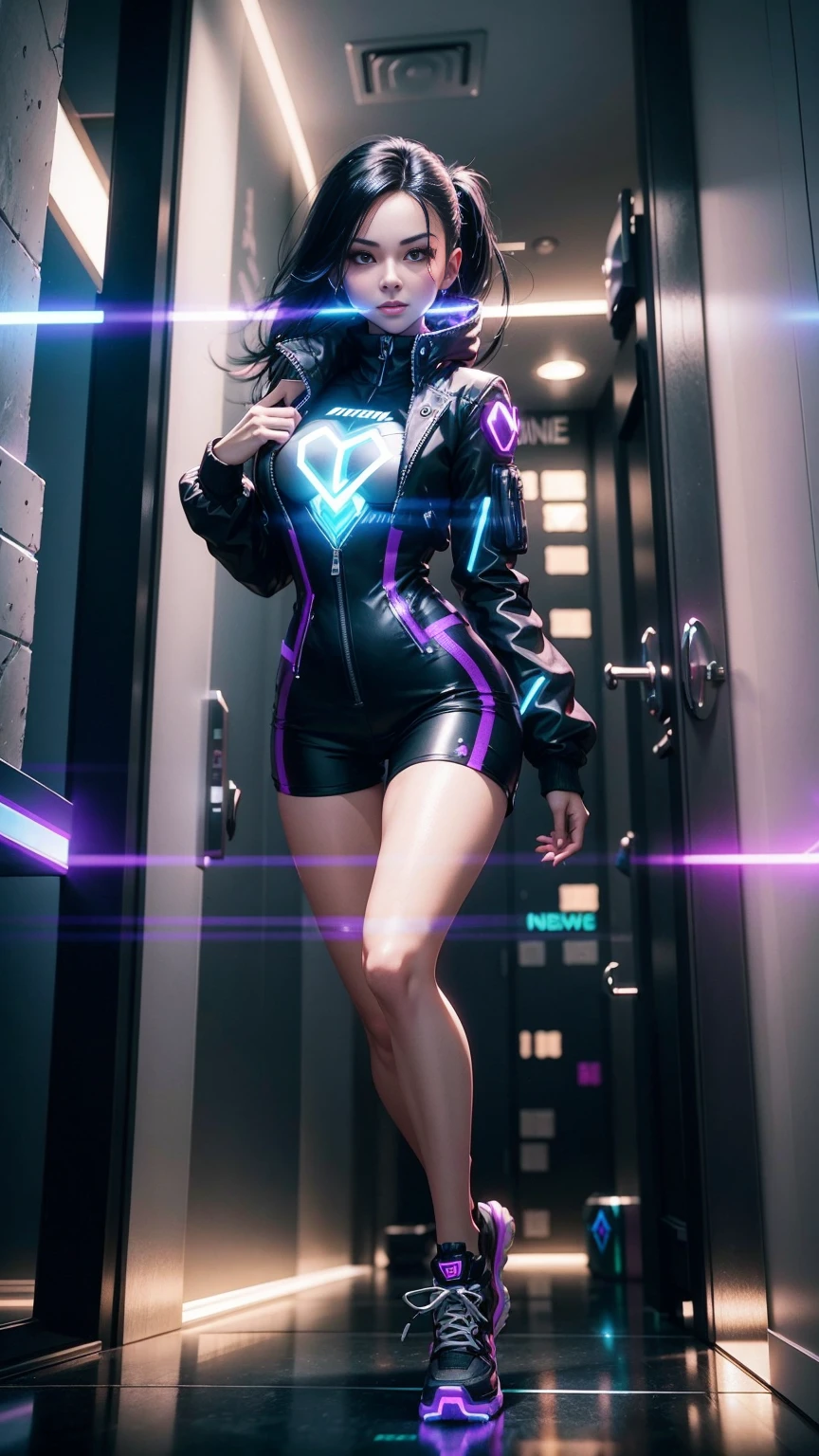 A portrait of a neo futura Mirror Skyscraper, running sprinting Upwards on the Outside Glass Window of the building, a young beautiful mature female with Long and black hair, silver eyes, Caucasian traits, wearing a black and purple cybernetic full body peacoat with shorts and shoes, Vigilante, hacker vibe, netrunner, badass, running, with a cocky smile, smirk, holding a cyber neon Holographic Heart, 4K, 3d Octane render, cinematic lighting, Dynamic, Ray Tracing, bloom, 50mm.