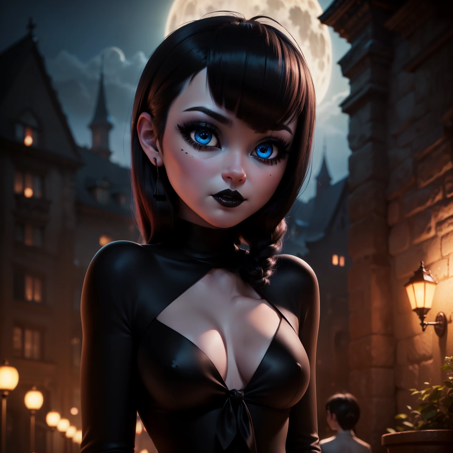 (3/4 body shot:1.6), (Masterpiece, photorealistic, photorealism, best quality, ultra-detailed:1.3), (nice hands, perfect hands), official art, cinematic light, (1girl:1.3), (solo:1.4), adult, (hyper realism), retro art style, full moon, village, Mavis Dracula, teeth, (black dress, sleeves, skins thight dress), (black:1.5), (tied hair, black hair, light blue eyes:1.5), staring, dark evil, night, ambient candlelight , hotel Transylvania, (bat), outdoors, blush, depth of field, yuong female, medium breasts, emo:1.7, (black eyelashes, eyeliner, black lipstick:1.5), diamond earrings
