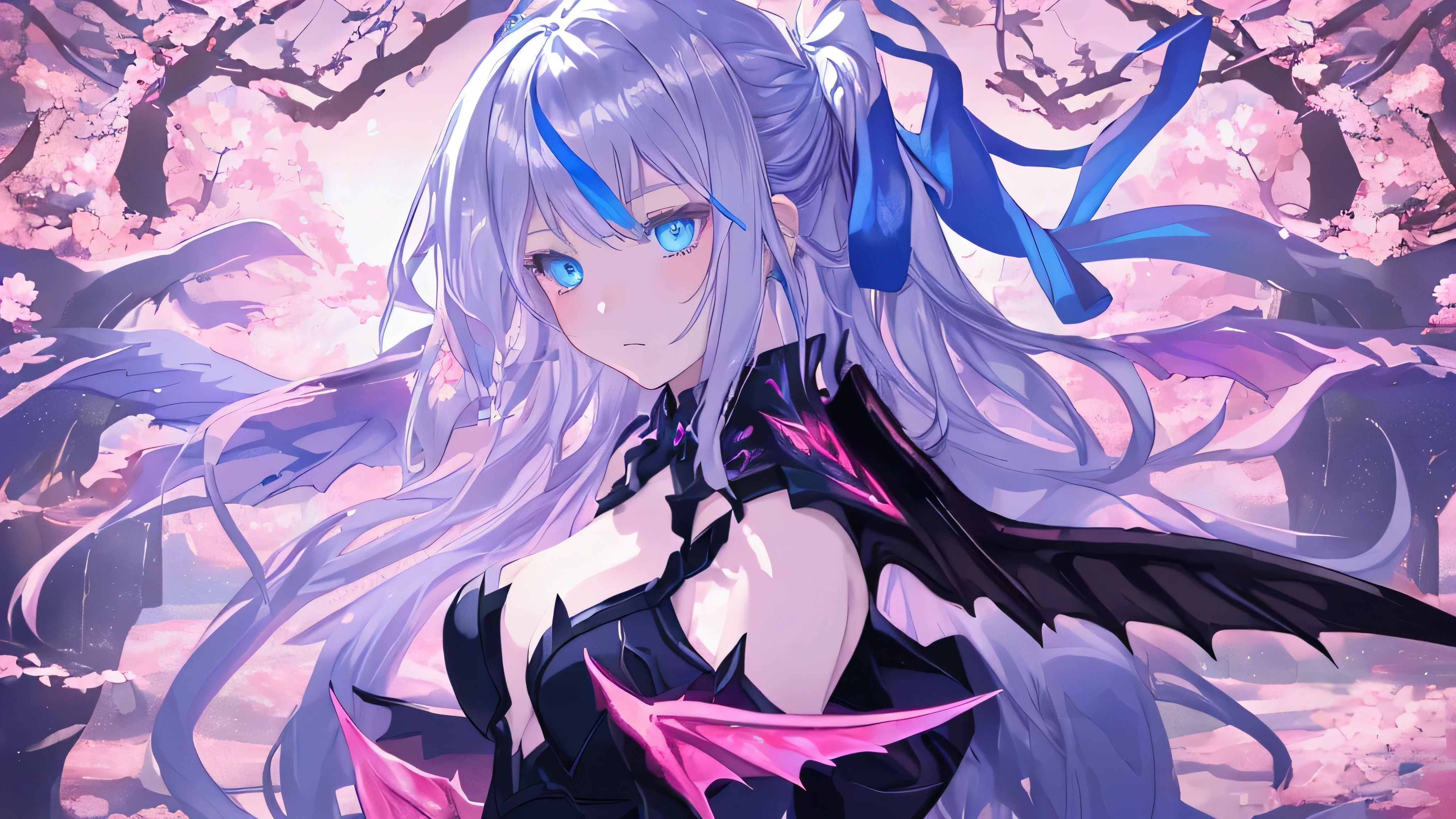 (best quality, lebendige Farben, scharfer Fokus, ultradetailliert), Girl with dragon wings, silbernes langes Haar, blaue Augen, medium breast size, schwarze Kleidung, Cherry Blossom, Portraits, weiche Farbpalette, ethereal lighting