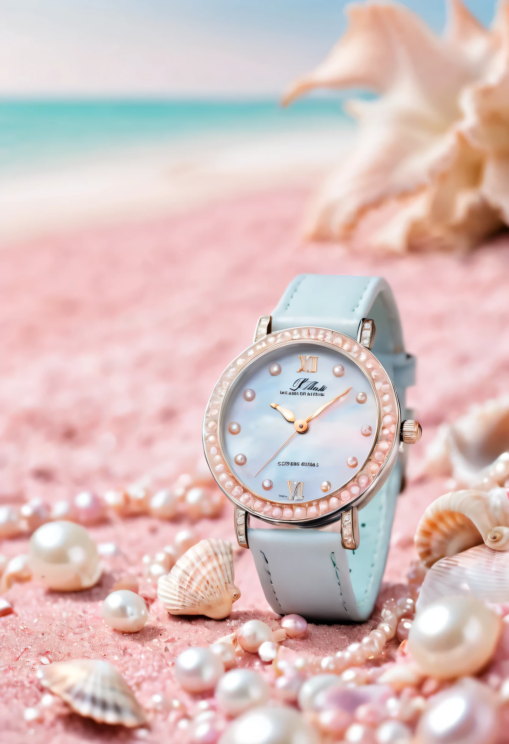 Create a business image "Exquisite women&#39;s watch and some pearls and shells on pink beach", Round and shiny pearls,