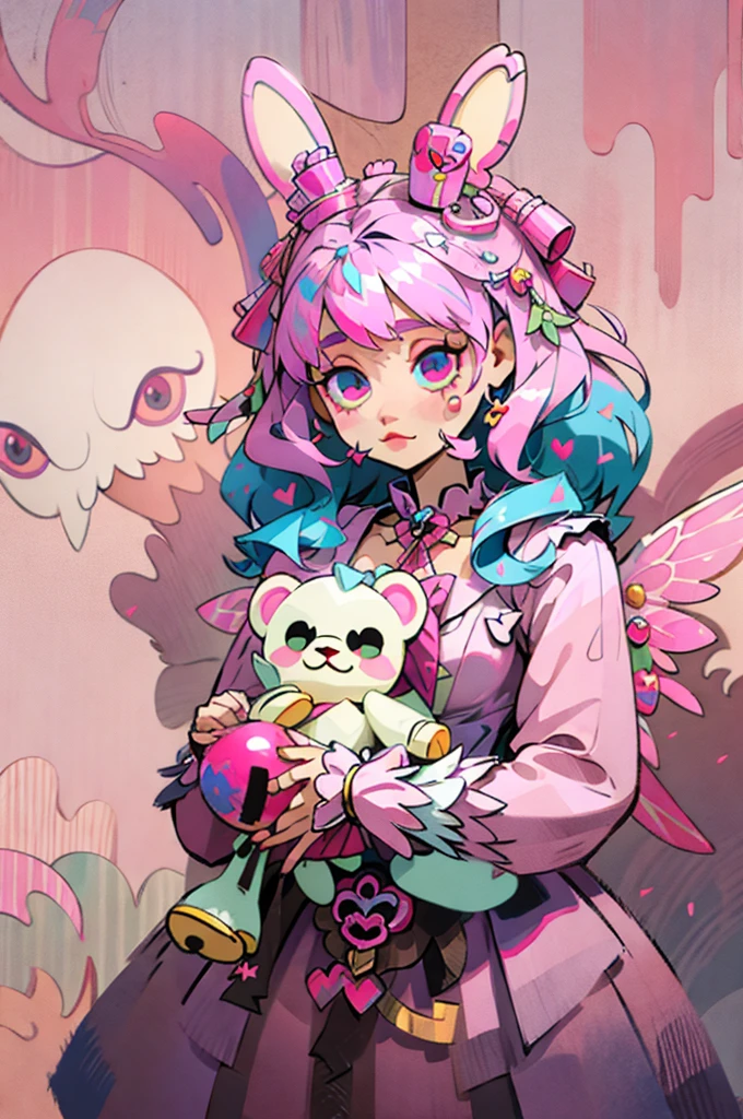 Photo of a woman in a pink dress holding a teddy bear, fairy tale core, Hinged doll with ball, Cute surreal bunny, portrait of magical Changeta girl, DLC, magical girl style, Beautiful pink alien girl, ****ta style, pastel pink, kawaii aesthetics, Angelic beauty, Change, ****ta fashion, pink girl, ultra high definition, 8k, 16k, (((masterpiece))), fantasy art