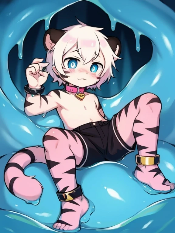 (4k,8k,best quality,meticulous details,Delicate light,Delicate short hair)Tiger cubs,White hair,dark blue pupils,There is something strange,surprise,touch slime,black shorts,big blue striped tail,Little fresh,Sneak into the slime,Enter the slime,Shota,Pink ankle ring,Pink bracelet,Pink leg rings,pink collar