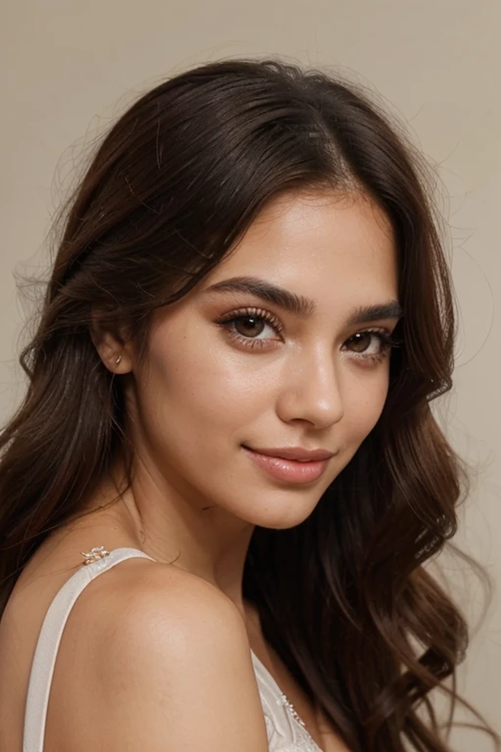 profile picture portrait Beautiful Brazilian girl, extremely detailed face, makeup, blush, mesmerizing eyes, luscious lips, fluffy hair, perfectly-shaped eyebrows, sharp cheekbones, hinted smile, neutral background