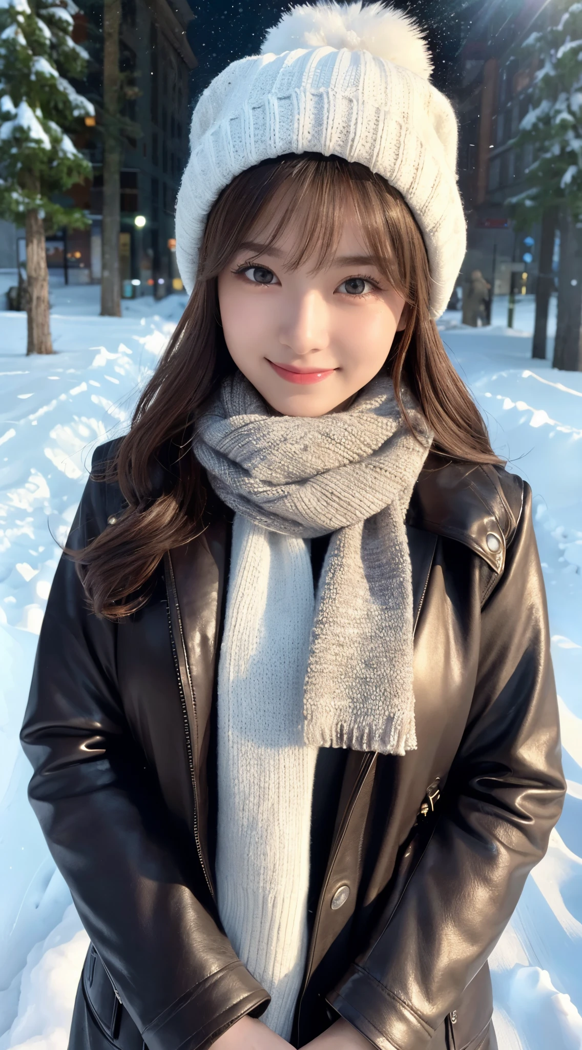 (highest quality,masterpiece:1.3,ultra high resolution),(Super detailed,caustics,8k),(photorealistic:1.4,RAW shooting),A silver world all around,snowfield,Diamond dust,Snow sparkling as it reflects the light,22 years old,cute,natural brown medium hair,knit hat,A big smile,stare at the camera,Scarf,big boobs,Down jacket,shot from the waist up,Natural light,professional writing